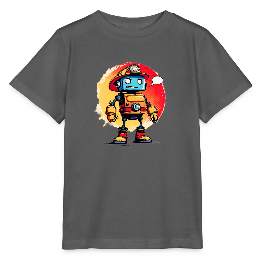 Onlineshop Shirts für Kinder - Das Bild zeigt ein graues T-Shirt mit einem bunten Druck eines Roboter-Charakters. Der Roboter hat einen blauen Kopf, trägt eine rote Feuerwehrmütze und ist in einer aufrechten Position dargestellt. Im Hintergrund ist ein runder, roter Farbkreis, der dem Design einen lebhaften Kontrast verleiht. Die Zeichnung hat einen cartoonhaften Stil, der für Kinder ansprechend ist.
