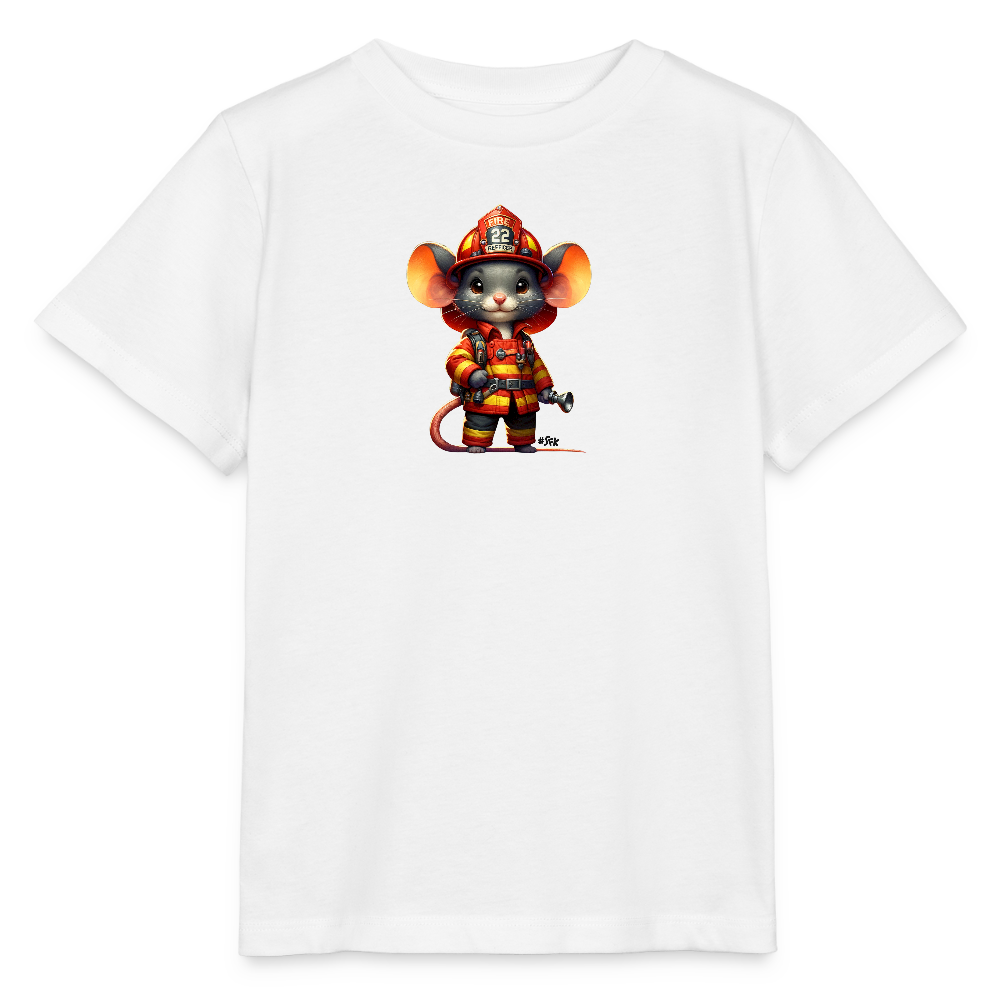 Onlineshop Shirts für Kinder - Auf dem Bild ist ein T-Shirt abgebildet, das weiß ist und einen bunten Druck zeigt. Der Druck stellt eine niedliche Maus dar, die im Feuerwehranzug gekleidet ist. Die Maus trägt einen Helm und hält einen Wasserstrahl, was auf ihre Rolle als Feuerwehrmaus hinweist. Diese Gestaltung zielt darauf ab, Kinder auf spielerische Weise für das Feuerwehrthema zu begeistern.