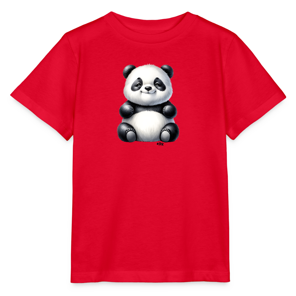 Onlineshop Shirts für Kinder - Das Bild zeigt ein rotes Kinder-T-Shirt, das einen süßen, cartoonhaften Panda auf der Vorderseite abbildet. Der Panda hat ein rundliches, weiches Aussehen mit einem weißen Körper und schwarzen Flecken. Die Farben sind lebendig und ansprechend, was das Shirt besonders für Kinder attraktiv macht. Der Hintergrund des Shirts ist ebenfalls rot, was dem Design eine fröhliche Note verleiht.