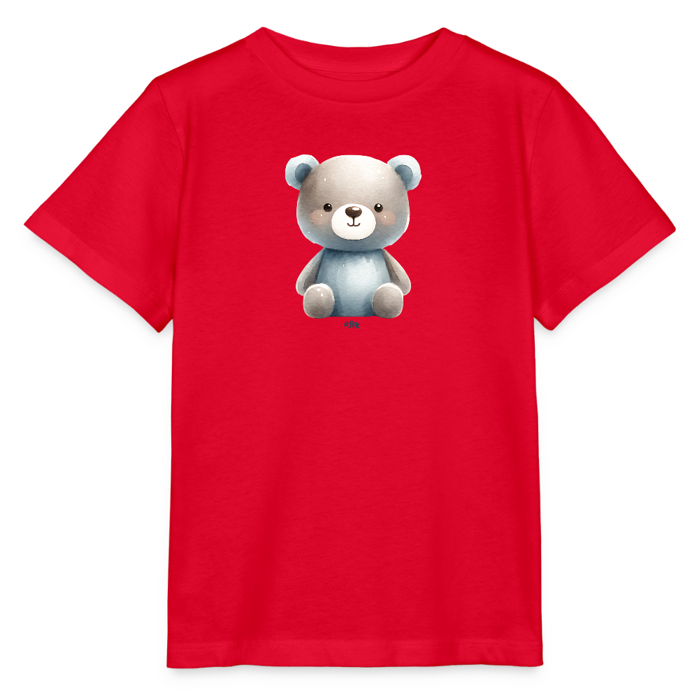 Onlineshop Shirts für Kinder - Das Bild zeigt ein rotes T-Shirt mit einem niedlichen Bärenmotiv in der Mitte. Der Bär hat einen grau-beigen Körper und sitzt aufrecht, mit runden Ohren und einem freundlichen Gesichtsausdruck. Die Oberseite des Shirts ist kurzärmlig und der Stoff scheint weich und bequem zu sein, ideal für Kinder. Die kräftige rote Farbe des T-Shirts hebt das Bärenmotiv besonders hervor und macht es zu einem ansprechenden Kleidungsstück für junge Träger.