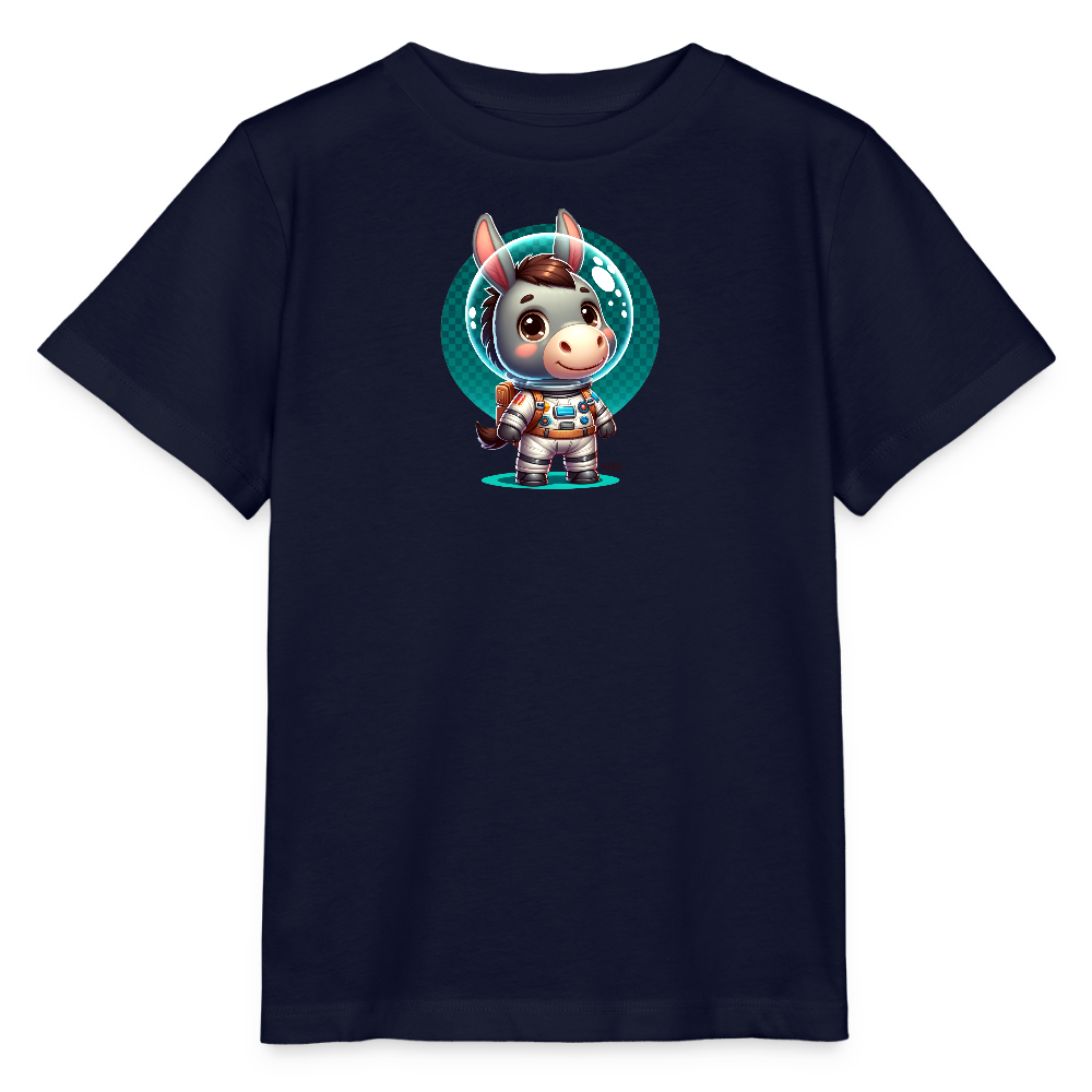 Onlineshop Shirts für Kinder - Das Bild zeigt ein T-Shirt in dunkelblauer Farbe mit dem Aufdruck eines niedlichen Esel-Charakters im Astronautenanzug. Der Esel hat große, ausdrucksvolle Augen und lächelt freundlich. Im Hintergrund ist eine leuchtende, kreisförmige Blase zu sehen, die den Charakter umgibt. Dieser künstlerische Aufdruck vermittelt ein verspieltes und abenteuerliches Gefühl, ideal für Kinder.