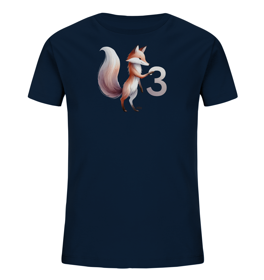 Onlineshop Shirts fuer Kinder - Das Bild zeigt ein dunkelblaues T-Shirt fuer Kinder mit einem aufgedruckten Motiv. Zu sehen ist ein niedlicher Fuchs, der aufrecht steht und die grosse Zahl Drei in den Pfoten haelt. Der Fuchs ist in warmen Braun- und Orangetoenen gemalt und hat einen langen, buschigen Schwanz. Das Design wirkt verspielt und kindgerecht.