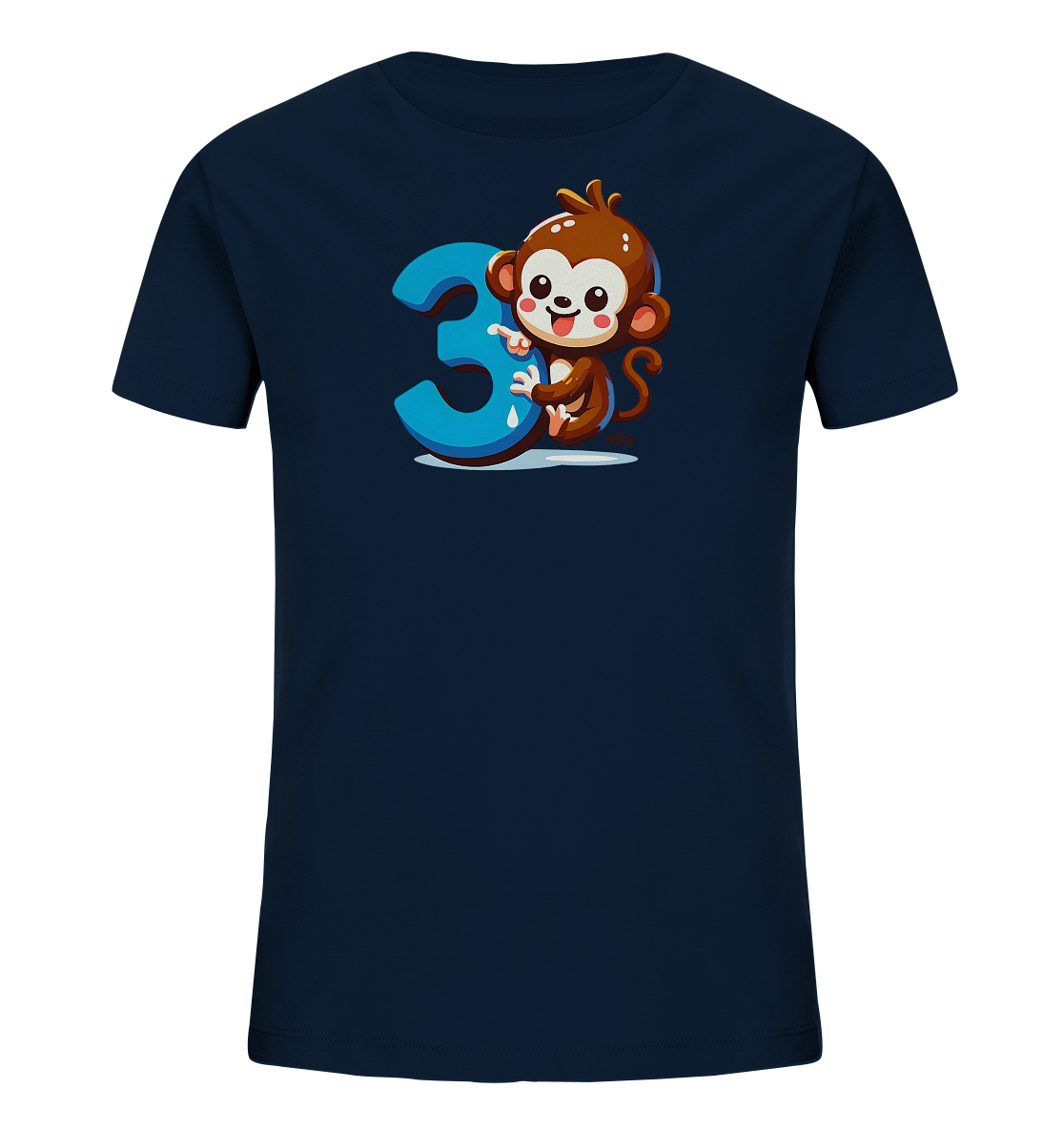 Onlineshop Shirts fuer Kinder - Das Bild zeigt ein dunkelblaues T-Shirt fuer Kinder mit einer verspielten Grafik. Darauf ist ein niedlicher Cartoon-Affe abgebildet, der neben einer grossen, blauen Ziffer "3" sitzt. Der Affe laechelt und zeigt auf die Zahl, was dem Motiv einen freundlichen Ausdruck verleiht. Das Design ist farbenfroh und ansprechend fuer kleine Kinder.