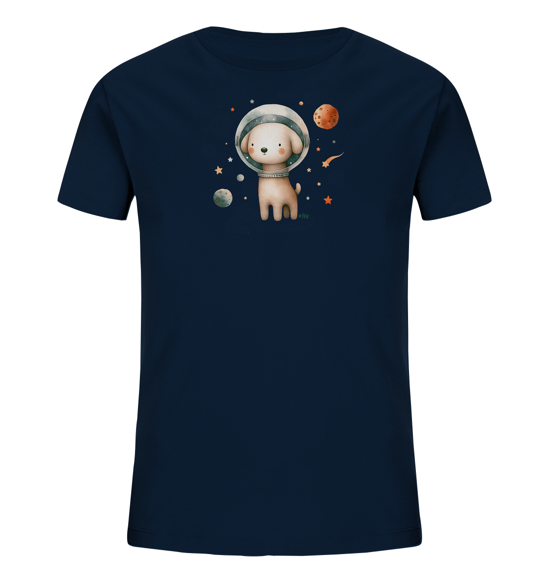 Onlineshop Shirts fuer Kinder - Dieses T-Shirt zeigt ein niedliches Motiv eines Hundes als Astronauten im Weltall. Der kleine Hund traegt einen Helm und ist umgeben von Planeten, Sternen und Sternschnuppen. Das Design ist im kindgerechten, gezeichneten Stil gehalten. Es handelt sich um ein dunkelblaues Shirt mit einem verspielten Weltraumthema.