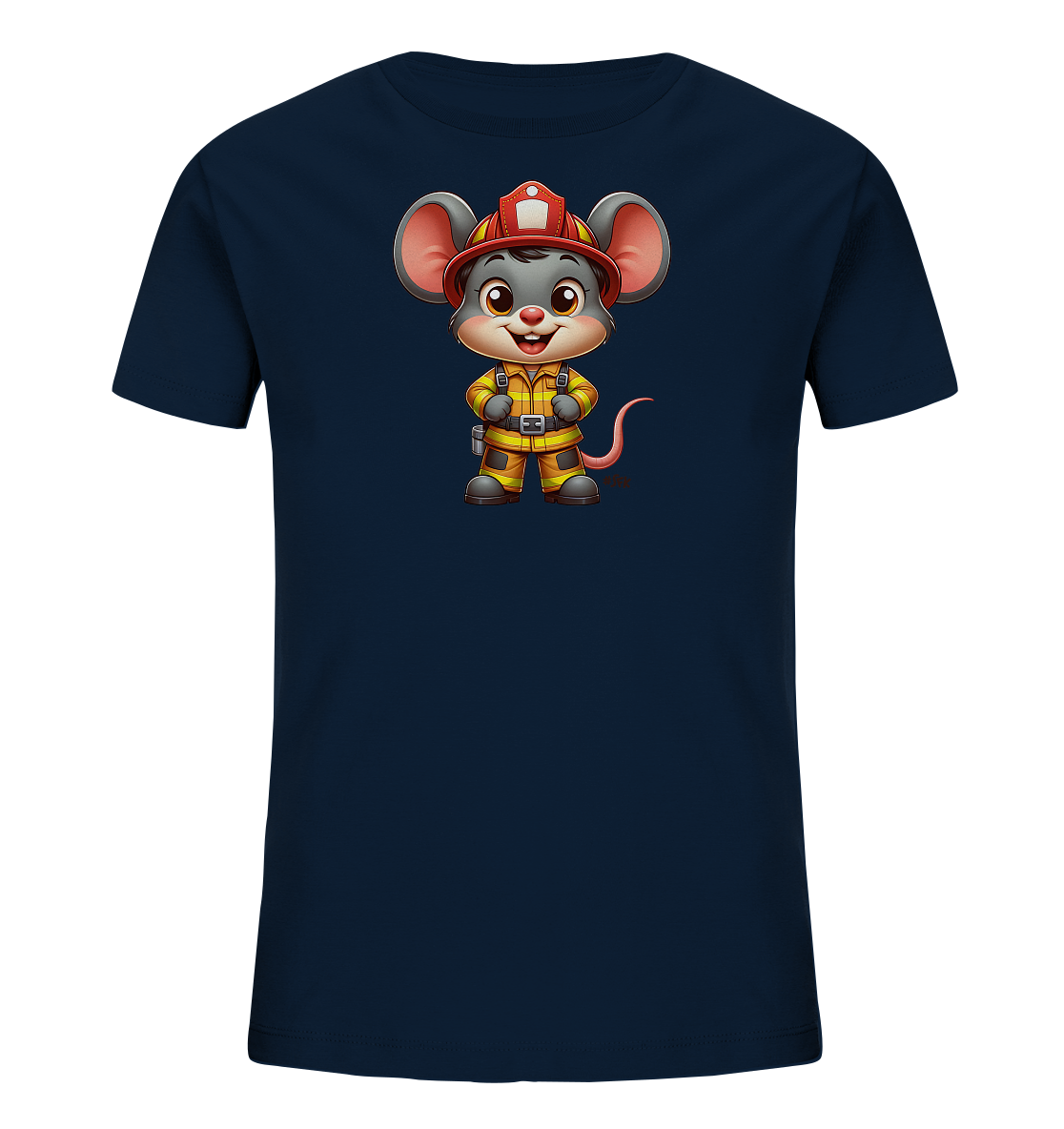 Onlineshop Shirts fuer Kinder - Das Bild zeigt ein dunkelblaues Kinder-T-Shirt mit einem zentralen Aufdruck einer cartoonhaften Maus. Die Maus ist in einer vollstaendigen Feuerwehrausruestung dargestellt, bestehend aus einem roten Helm und einer detaillierten gelben Uniform. Sie steht in aufrechter Position und laechelt, was dem Motiv einen freundlichen Ausdruck verleiht. Dieses Design spricht Kinder an, die von Feuerwehrgeschichten begeistert sind.