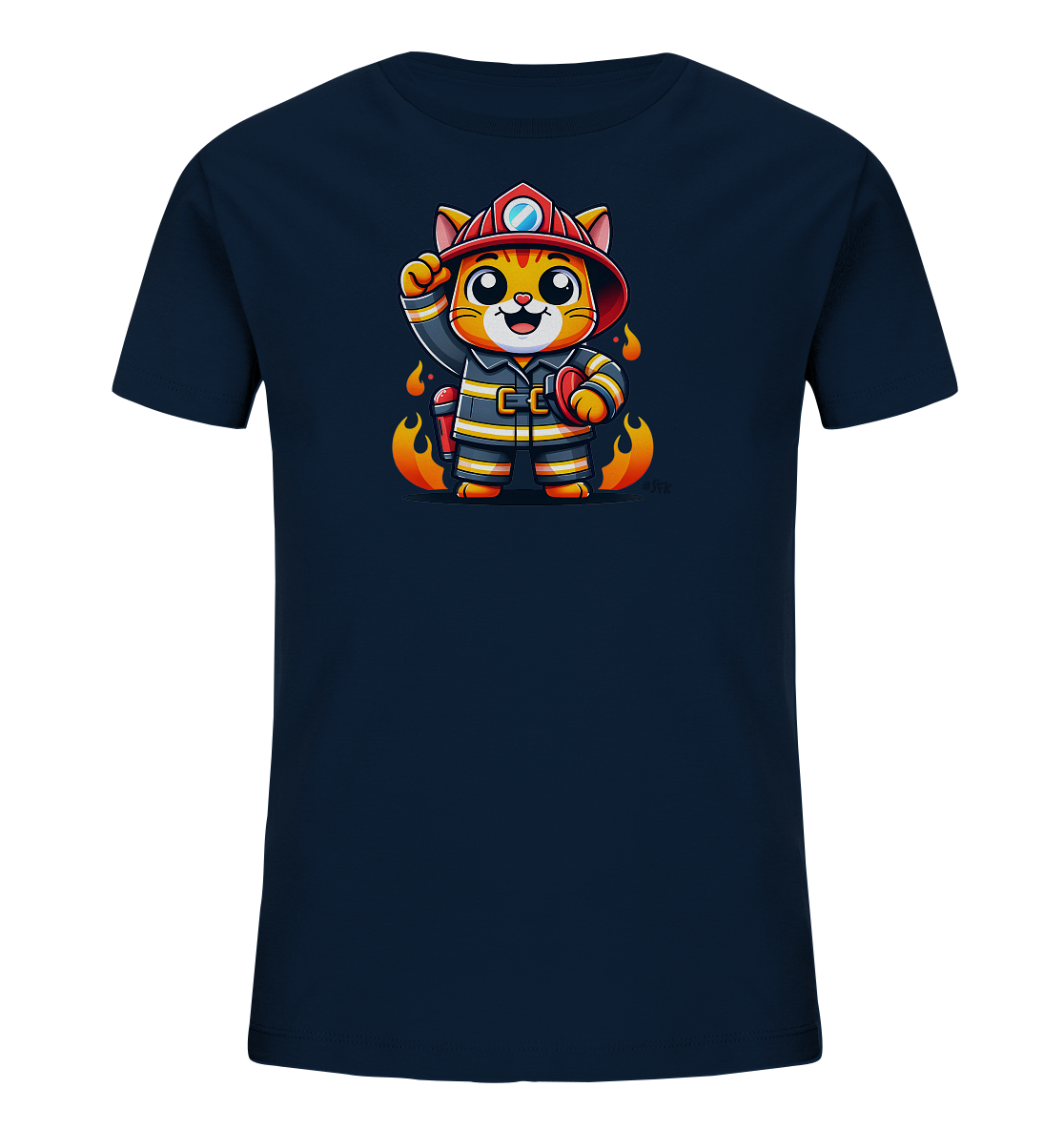 Onlineshop Shirts fuer Kinder - Das Bild zeigt ein dunkelblaues T-Shirt mit einem detailreichen Comic-Motiv einer Katze in Feuerwehrkleidung. Die Katze traegt Helm und Uniform, haelt ein Utensil und steht umgeben von stilisierten Flammen. Die Illustration ist farbenfroh gestaltet und zeigt die Katze laechelnd mit erhobener Pfote.