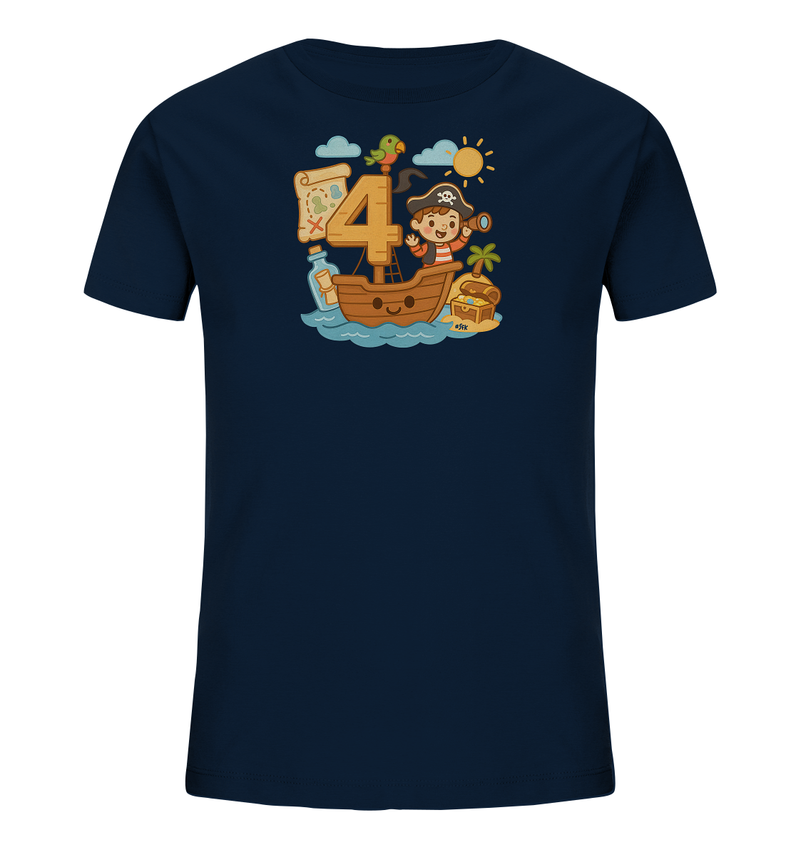 Onlineshop Shirts fuer Kinder - Das Bild zeigt ein dunkelblaues T-Shirt mit einem verspielten Piratenmotiv. Im Zentrum steht die grosse Zahl '4', umrahmt von einer Szene mit einem kleinen Piratenkind in einem Boot, einem Papagei und einer Schatzkarte. Ergaenzt wird das Design durch Elemente wie eine Flaschenpost, eine Schatztruhe auf einer Insel und Meereswellen. Dieses farbenfrohe und detailreiche Motiv laedt zu Abenteuern ein und ist ideal fuer junge Entdecker.