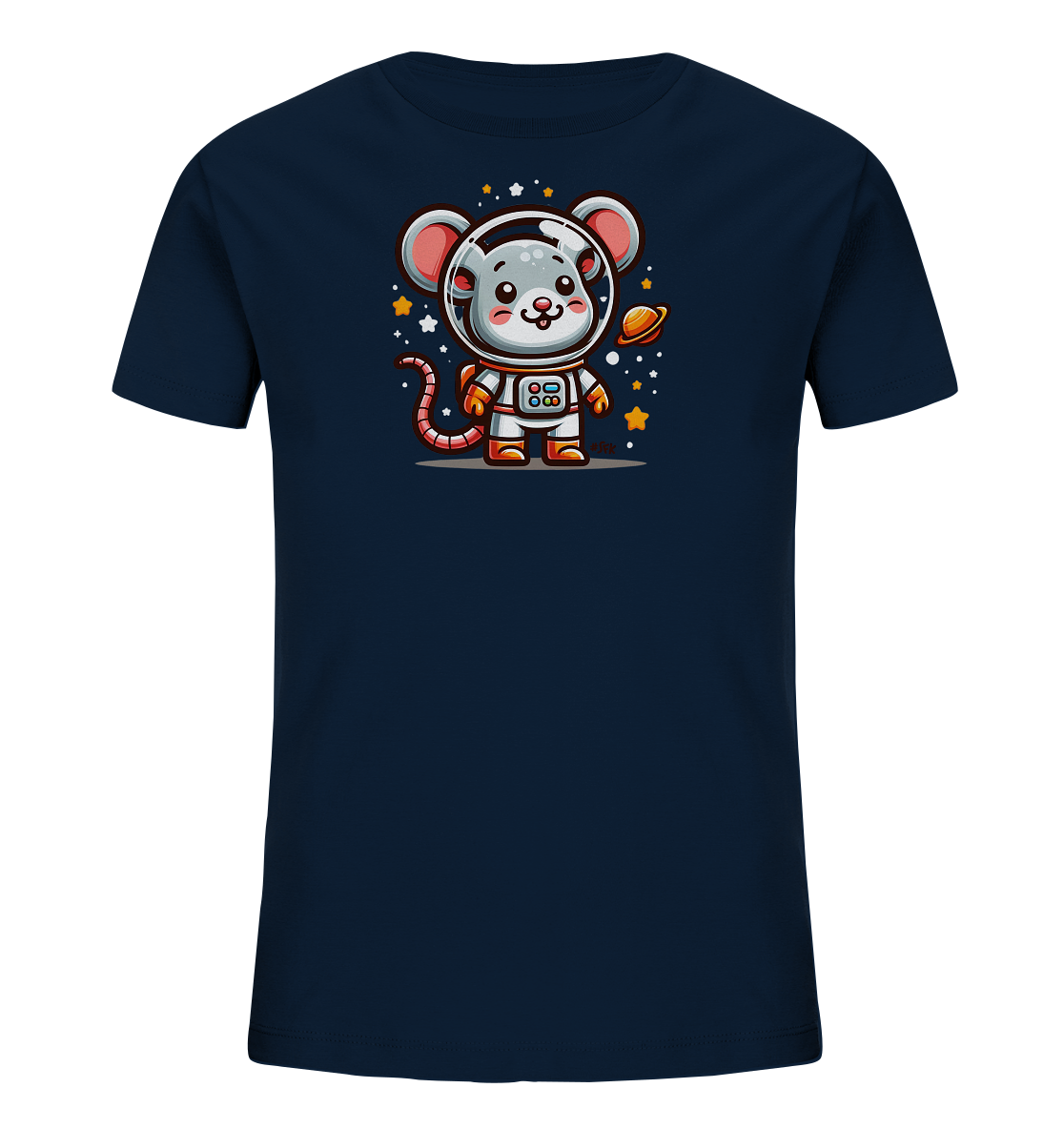 Onlineshop Shirts fuer Kinder - Das Bild zeigt ein dunkelblaues Kinder-T-Shirt mit einem verspielten Motiv einer Maus im Astronautenanzug. Die niedliche Cartoon-Maus laechelt und haelt einen kleinen Planeten. Sterne und Punkte umgeben die Maus und stellen eine Weltraumszene dar. Das Design ist farbenfroh und ansprechend fuer Kinder.