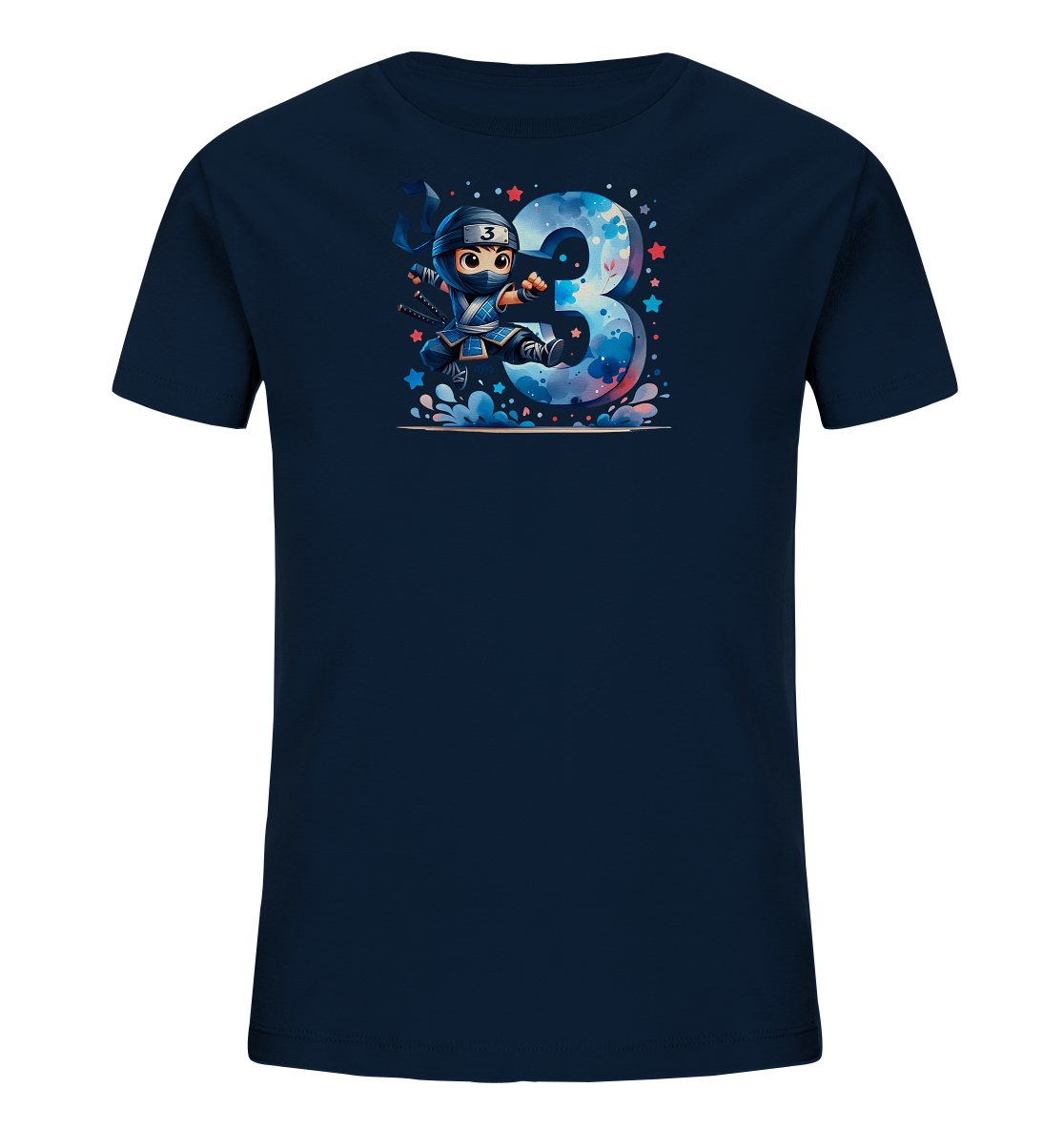 Onlineshop Shirts fuer Kinder - Das dunkelblaue T-Shirt zeigt ein dynamisches Motiv mit einem Comic-Ninja. Der Ninja springt neben einer grossen, kunstvoll gestalteten Zahl '3'. Die Zahl hat eine bunte, wasserfarbenaehnliche Textur mit Sternen und Effekten. Das gesamte Design wirkt energiegeladen und verspielt, ideal fuer Kinder.