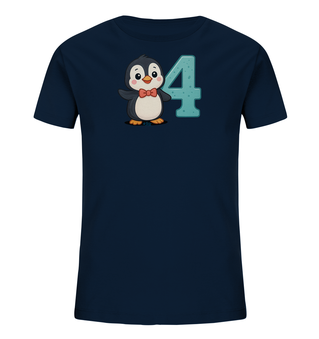 Onlineshop Shirts fuer Kinder - Das Bild zeigt ein dunkelblaues Kinder-T-Shirt mit einem niedlichen Aufdruck. Ein Cartoon-Pinguin mit roter Fliege steht neben der Zahl '4'. Die Zahl ist hellblau und strukturiert dargestellt. Dieses Design ist froehlich und ansprechend fuer Kinder.
