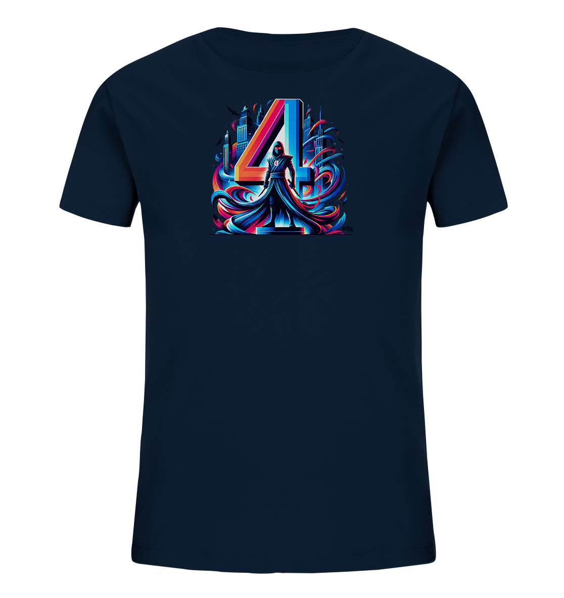 Onlineshop Shirts fuer Kinder - Dieses dunkelblaue T-Shirt praesentiert eine auffaellige Grafik auf der Vorderseite. Das Motiv zeigt eine grosse, bunte Zahl '4' vor einer urbanen Silhouette. Eine stilisierte Figur in einem Mantel steht davor, umgeben von dynamischen, fliessenden Formen in leuchtenden Farben. Das Design wirkt modern und ausdrucksstark, ideal fuer ein besonderes Outfit.
