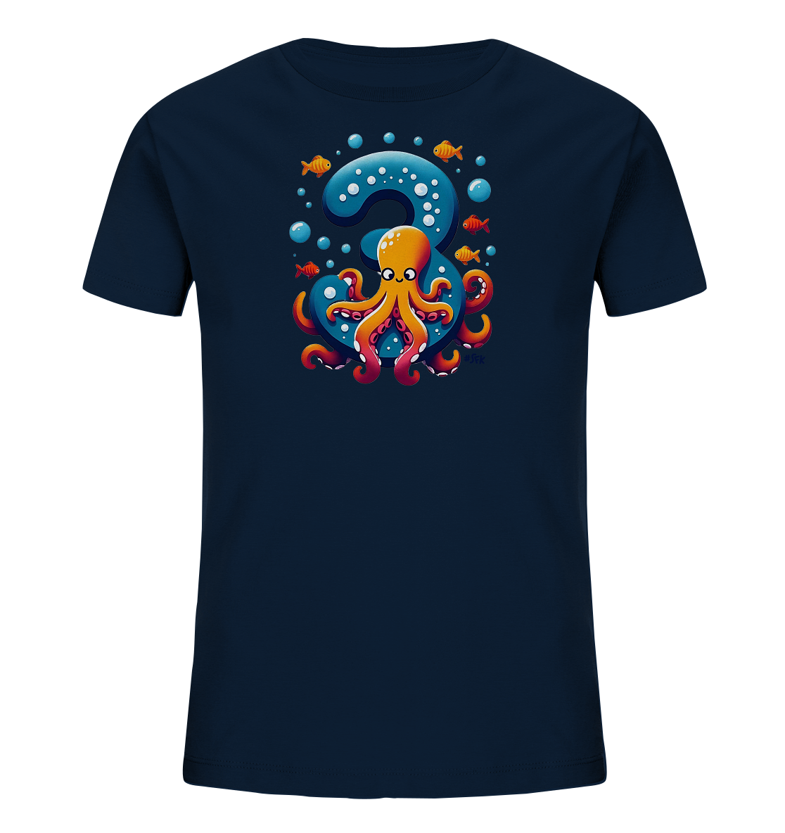 Onlineshop Shirts fuer Kinder - Das Bild zeigt ein dunkelblaues Kinder-T-Shirt mit einem maritimen Motiv. Eine grosse, hellblaue Zahl '3' ist von einem niedlichen orangefarbenen Oktopus umarmt. Um die Zahl und den Oktopus schwimmen kleine orange Fische und blaue Blasen. Dieses verspielte Design ist ideal fuer Kinder.