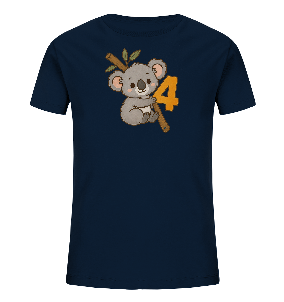 Onlineshop Shirts fuer Kinder - Das Bild zeigt ein dunkelblaues Kinder-T-Shirt mit einem charmanten Frontdruck. Der Druck stellt einen niedlichen Cartoon-Koala dar, der sich an einem Ast festhaelt. Neben dem Koala ist prominent die orangefarbene Zahl '4' platziert. Das Motiv ist freundlich und kindgerecht gestaltet.