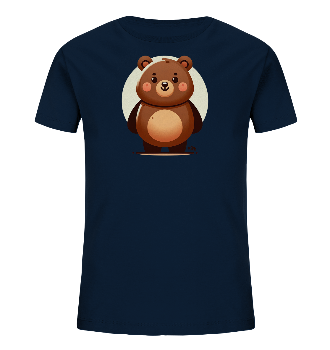 Onlineshop Shirts fuer Kinder - Das Bild zeigt ein dunkelblaues Kinder Organic T-Shirt. Auf der Vorderseite ist eine Illustration eines niedlichen, braunen Cartoon-Baeren zu sehen. Der Baer steht vor einem hellen, kreisfoermigen Hintergrund. Das Design wirkt freundlich und ansprechend.