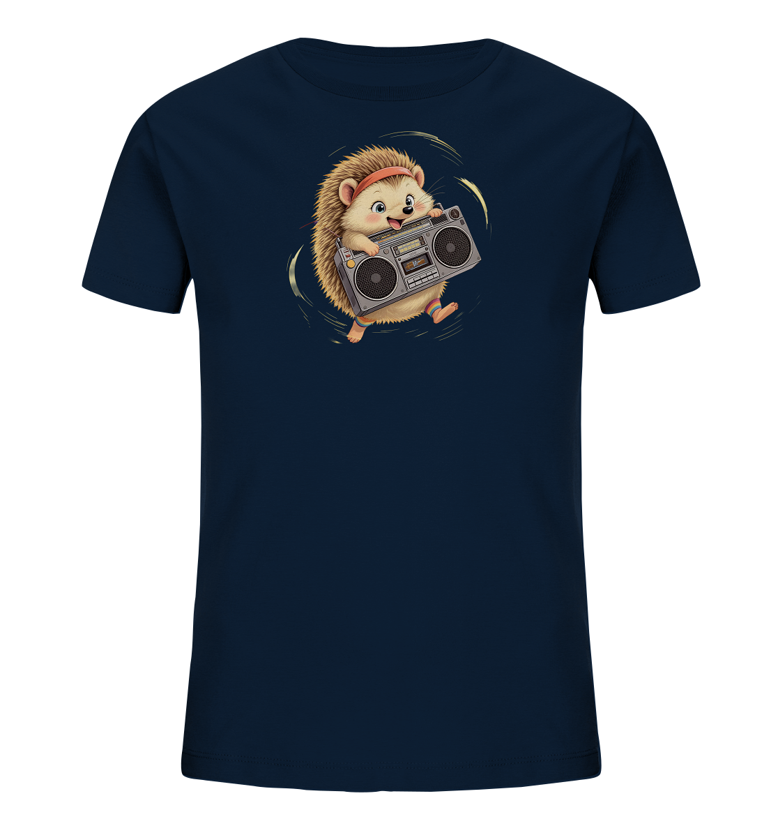 Onlineshop Shirts fuer Kinder - Das Bild zeigt ein dunkelblaues Kinder-T-Shirt mit einem farbenfrohen Aufdruck eines Igels. Der Igel traegt ein rotes Stirnband und bunte Armbaender und haelt laechelnd einen silbernen Ghettoblaster. Um den Igel herum sind dynamische, geschwungene Linien in einem hellen Gelbton zu sehen. Das Design verleiht dem Shirt einen froehlichen und musikalischen Charakter.