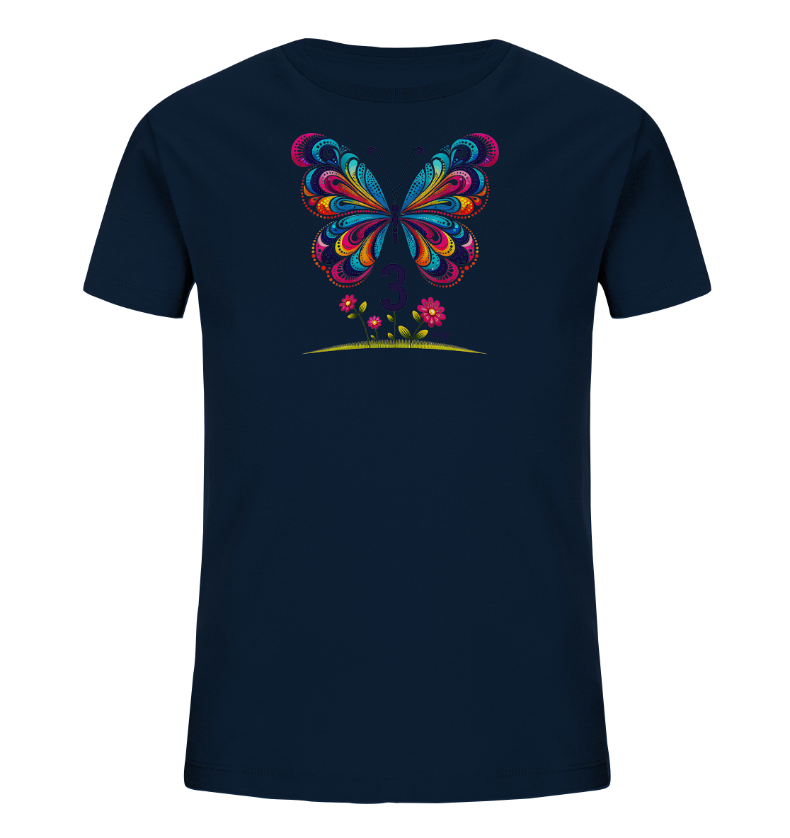 Onlineshop Shirts fuer Kinder - Das Bild zeigt ein dunkelblaues T-Shirt fuer Kinder. Auf der Vorderseite ist ein grosser, farbenfroher Schmetterling mit detailreichen Mustern abgebildet. Unter dem Schmetterling befindet sich die Zahl "3" in Lila. Das Design wird durch kleine Blumen und Blaetter ergaenzt und wirkt lebendig und kindgerecht.