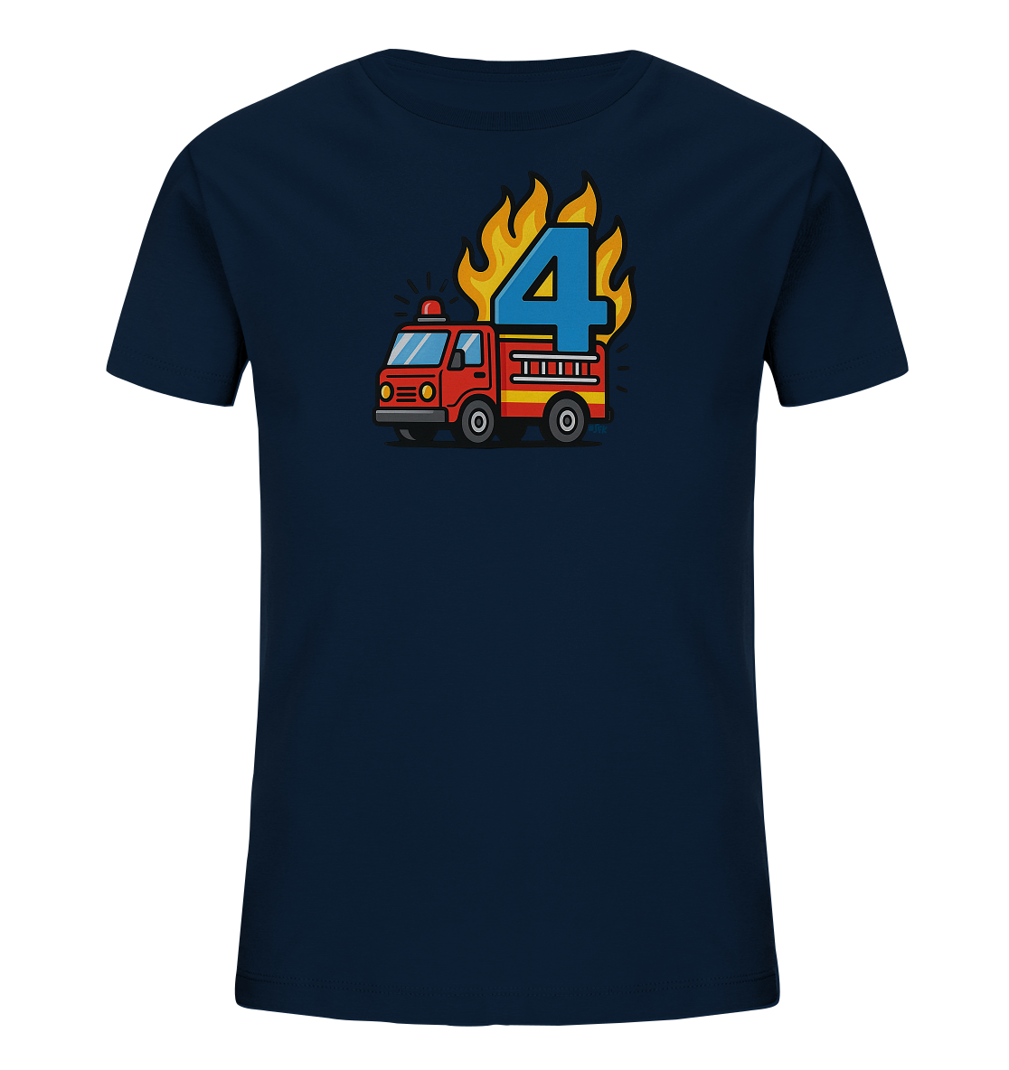 Onlineshop Shirts fuer Kinder - Dieses dunkle Kinder-T-Shirt zeigt eine bunte Grafik eines Feuerwehrautos. Über dem Fahrzeug lodern Flammen, in deren Mitte eine grosse, blaue Zahl '4' platziert ist. Das Design ist im Cartoon-Stil gehalten und wirkt dynamisch. Es ist ein Blickfang auf der Vorderseite des Shirts.