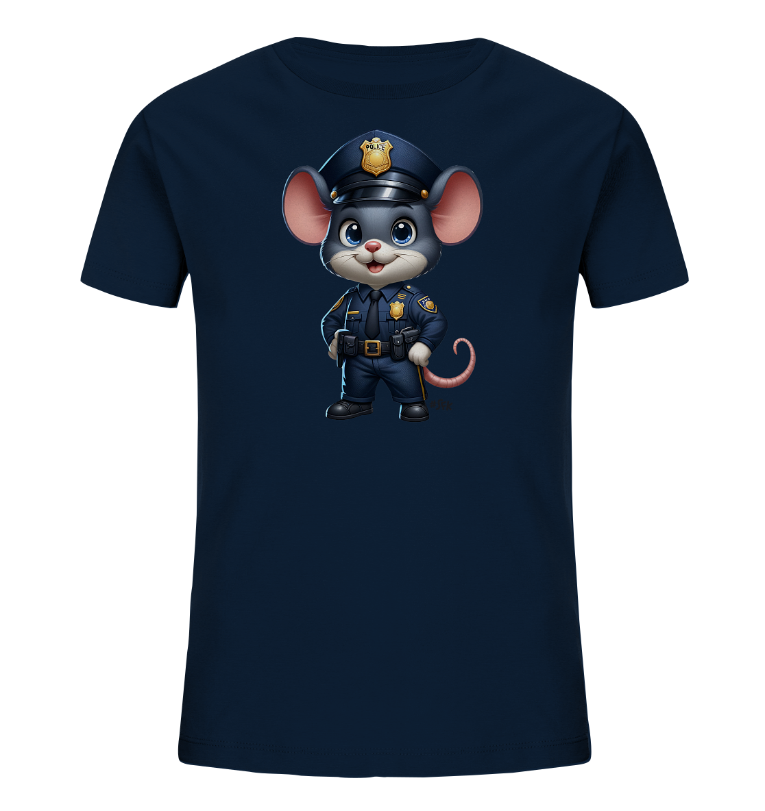 Onlineshop Shirts für Kinder - Das Bild zeigt ein dunkelblaues T-Shirt für Kinder. Auf der Vorderseite ist eine detaillierte Illustration einer Maus in einer Polizeiuniform abgebildet. Die cartoonhafte Maus trägt eine Mütze mit Abzeichen, ein Hemd mit Patches und einen Gürtel, was dem Design einen realistischen, aber verspielten Touch verleiht. Mit großen, freundlichen Augen und einem Lächeln ist die Figur ansprechend und macht das Shirt zu einem lustigen Kleidungsstück für Kinder.