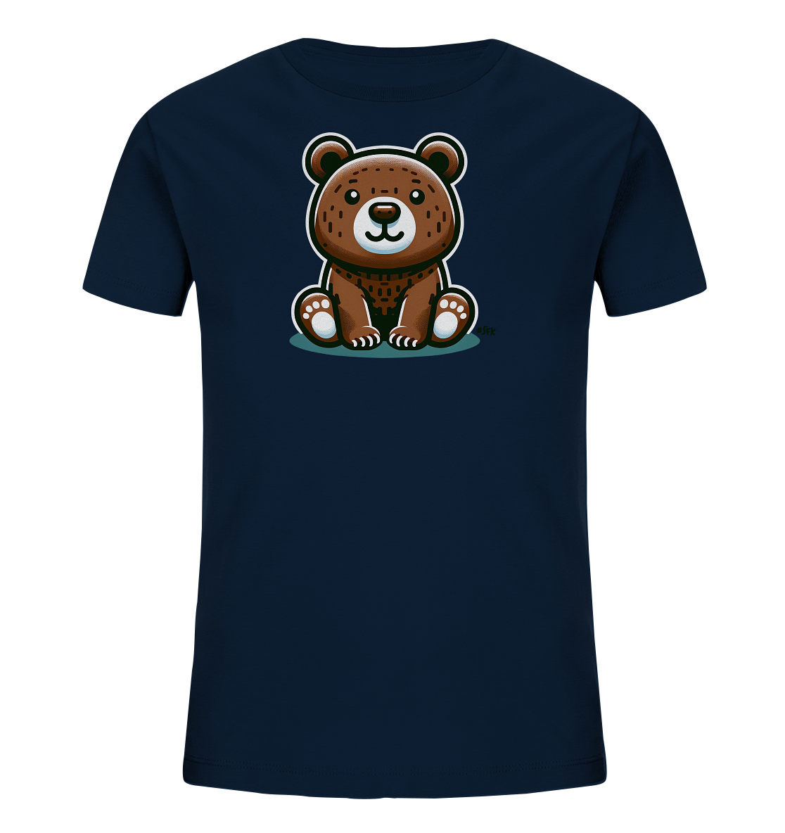 Onlineshop Shirts fuer Kinder - Das Bild zeigt ein dunkelblaues Kinder-T-Shirt. Auf der Vorderseite ist eine niedliche, sitzende Comic-Darstellung eines braunen Baeren. Der Baer hat grosse Augen, ein freundliches Laecheln und sitzt auf einem stilisierten Untergrund. Dieses Design verleiht dem Shirt einen froehlichen und verspielten Look.
