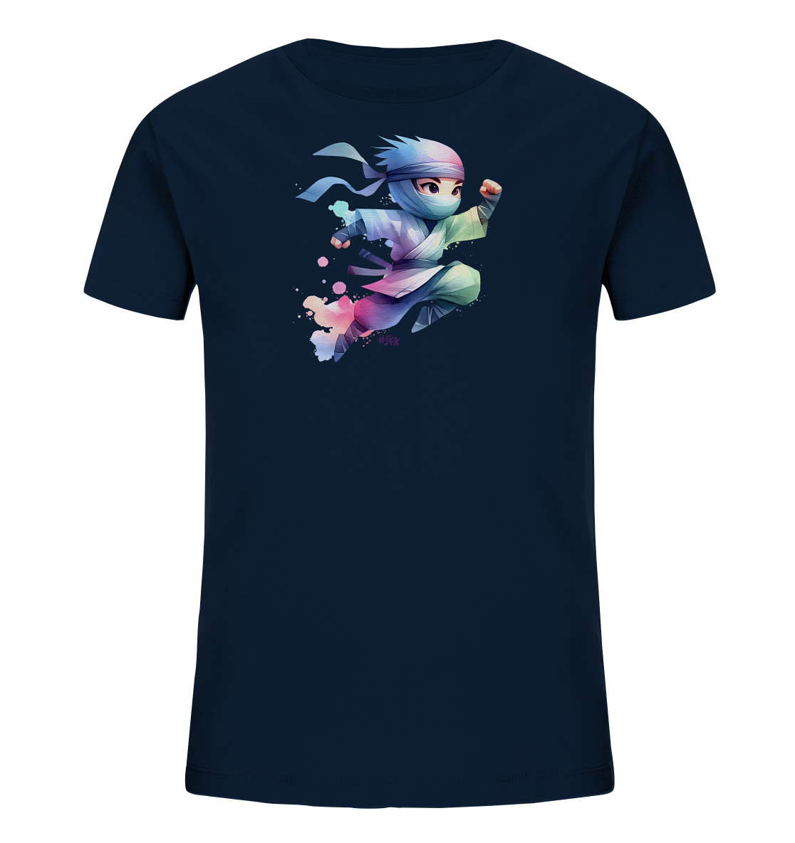 Onlineshop Shirts fuer Kinder - Das Bild zeigt ein dunkelblaues Kinder-T-Shirt mit einer bunten Grafik auf der Vorderseite. Abgebildet ist ein springender Ninja im Chibi-Stil. Die Illustration zeichnet sich durch lebendige Farbverlaeufe und einen aquarellartigen Effekt aus. Der Ninja ist in einer dynamischen Pose dargestellt.