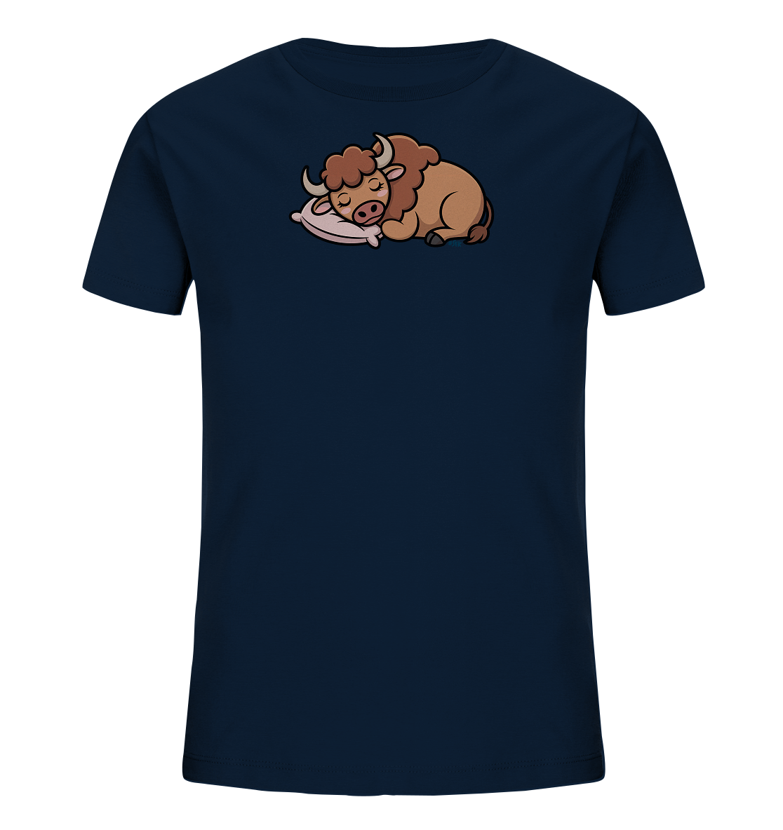Onlineshop Shirts fuer Kinder - Das Bild zeigt ein dunkelblaues Kinder-T-Shirt mit einem niedlichen Aufdruck. Darauf ist ein schlafendes Bison oder Bueffel in Cartoon-Optik zu sehen, das friedlich auf einem hellrosa Kissen liegt. Das Motiv ist detailreich und verleiht dem Shirt einen gemuetlichen und verspielten Charakter. Die dunkle Farbe des Shirts bildet einen guten Kontrast zum braunen Tier.