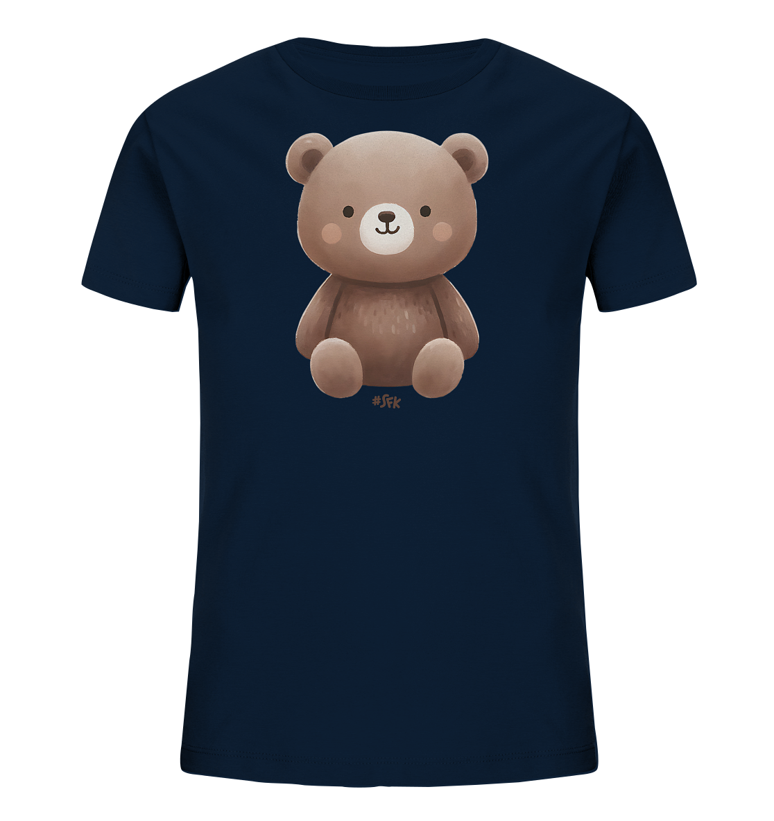 Onlineshop Shirts fuer Kinder - Das Bild zeigt ein dunkelblaues Kinder-T-Shirt mit einer suessen Baeren-Illustration auf der Vorderseite. Der Baer ist in einem braunen Farbton dargestellt und sitzt in einer aufrechten Position. Er hat ein freundliches Gesicht mit kleinen Punkten als Augen und rosafarbenen Wangen. Die Illustration verleiht dem Shirt einen verspielten und niedlichen Look.