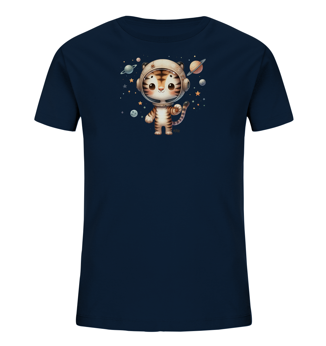 Onlineshop Shirts fuer Kinder - Das Bild zeigt ein dunkelblaues Kinder-T-Shirt. Auf der Vorderseite ist eine niedliche, cartoonartige Illustration eines Tigers im Raumanzug zu sehen. Der Tiger ist umgeben von Sternen, Planeten und Monden, was ein Weltraumthema darstellt. Das Design wirkt verspielt und ansprechend fuer Kinder, die das All lieben.