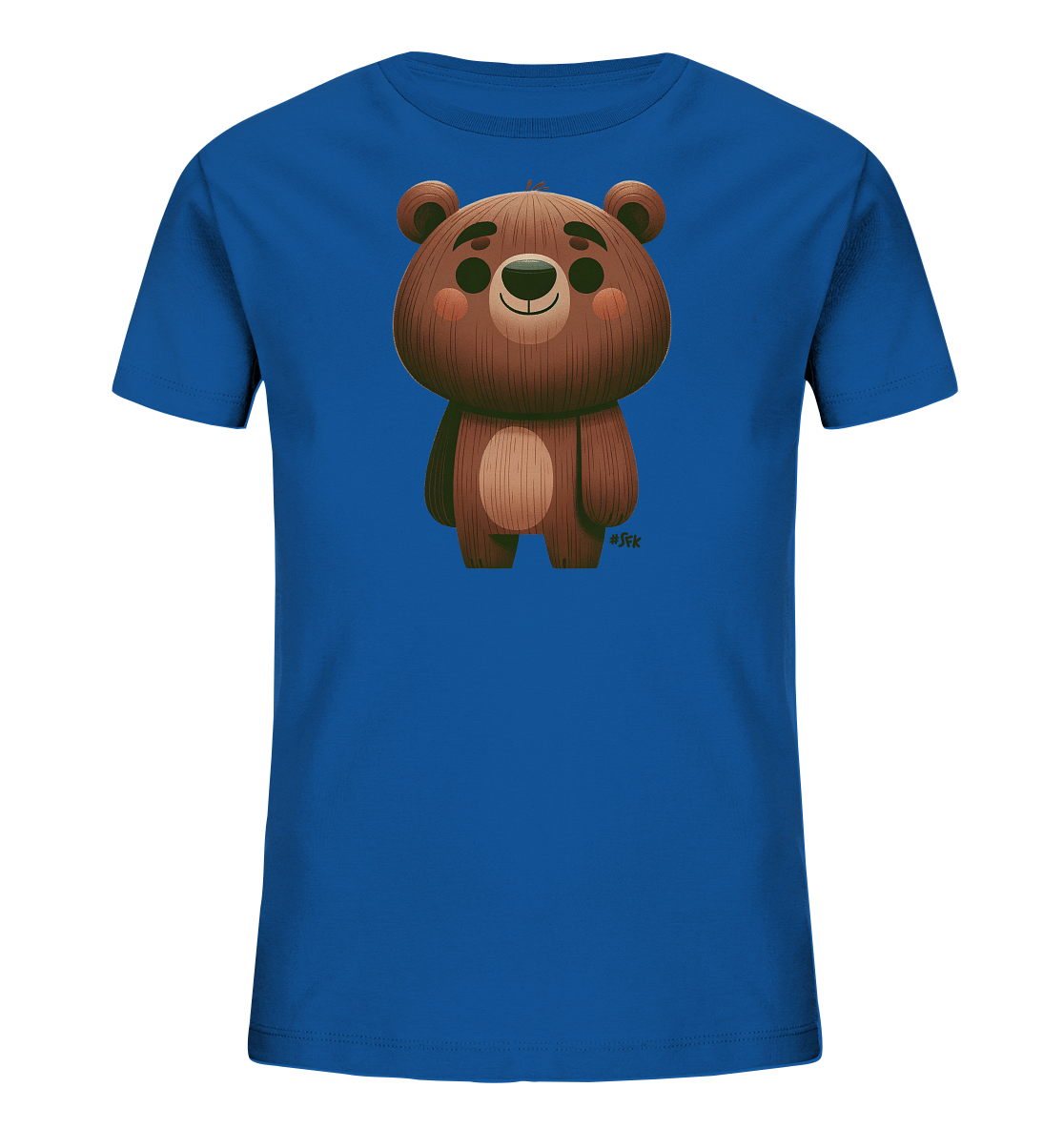 Onlineshop Shirts fuer Kinder - Das Bild zeigt ein leuchtend blaues T-Shirt mit einem grossflaechigen Druck eines freundlichen Baeren auf der Vorderseite. Der Baer ist im Cartoon-Stil gehalten und hat braunes Fell mit strukturierten Details. Er steht aufrecht und blickt geradeaus, mit einer helleren ovalen Flaeche auf der Brust. Das Design ist schlicht und ansprechend fuer Kinder.