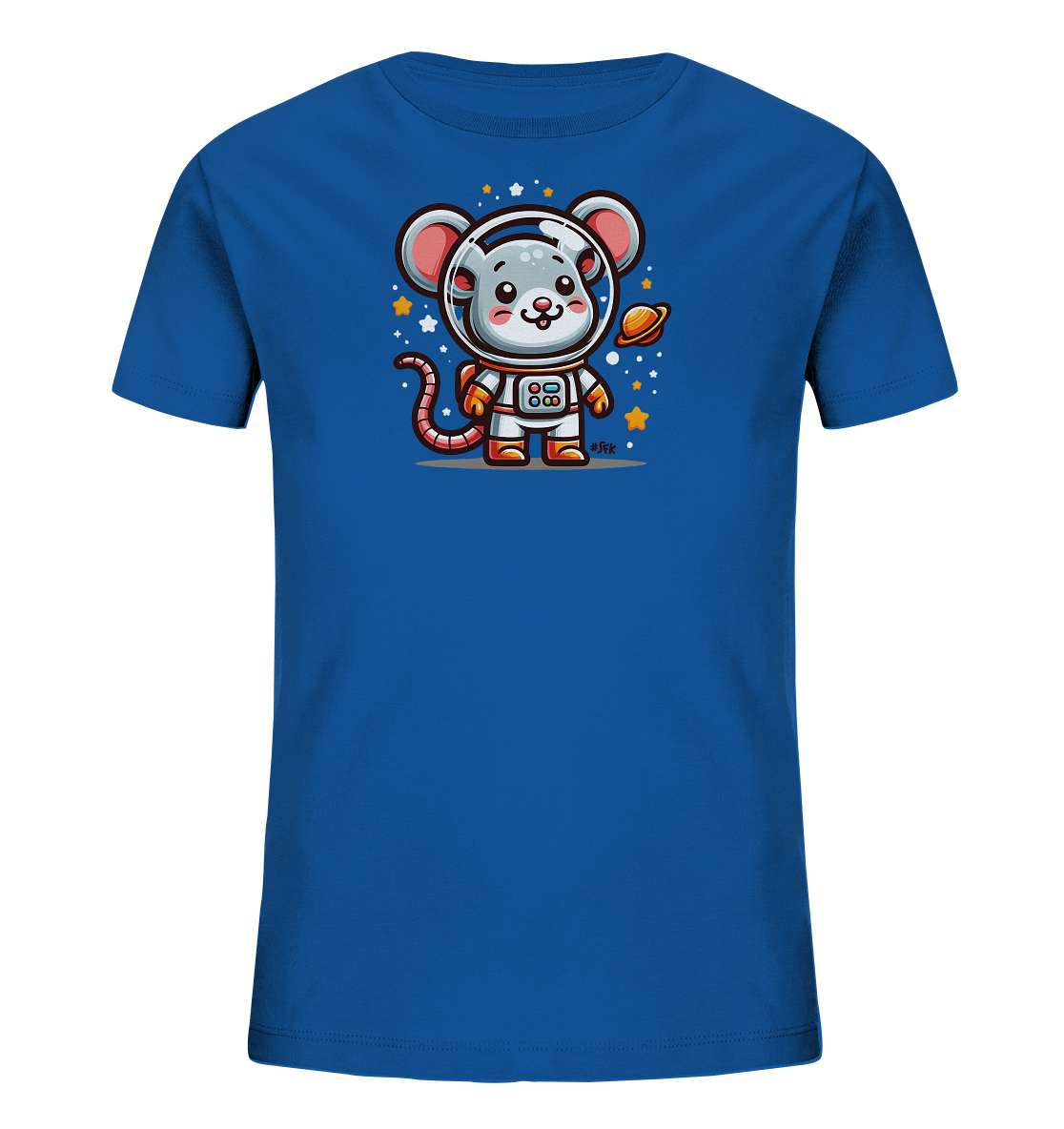 Onlineshop Shirts fuer Kinder - Das Bild zeigt ein blaues Kinder-T-Shirt mit einem farbenfrohen Druck. Zu sehen ist eine niedliche Cartoon-Maus, die einen Astronautenanzug traegt und ein kleines Planetenmodell in der Hand haelt. Das Design umfasst auch Sterne und kleine Punkte, die eine Weltraumatmosphaere schaffen. Die Darstellung ist detailliert und froehlich, ideal fuer junge Weltraumfans.