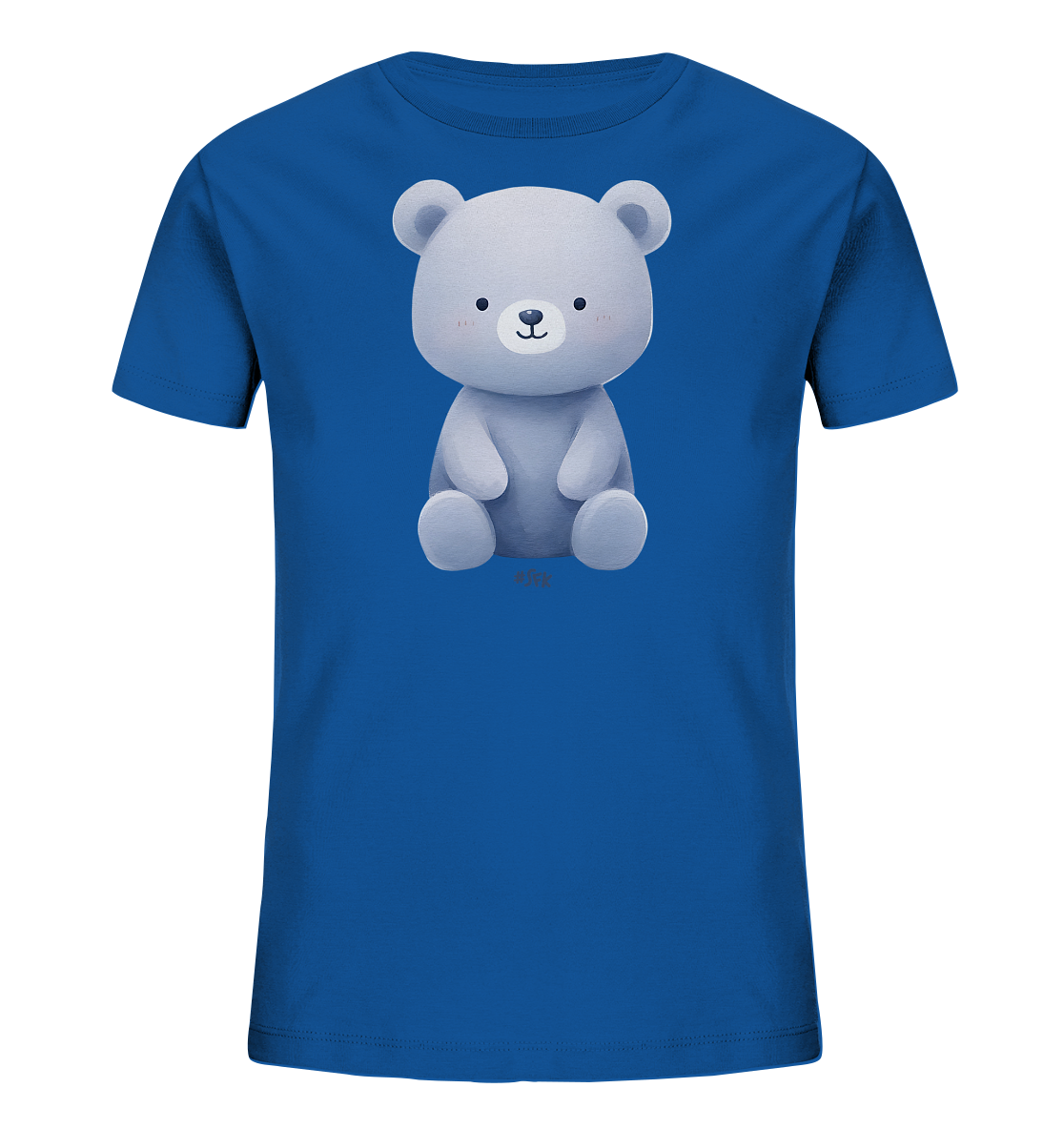 Onlineshop Shirts fuer Kinder - Das Bild zeigt ein blaues T-Shirt fuer Kinder. Darauf ist eine suesse Illustration eines sitzenden, hellgrauen Baeren zu sehen. Der Baer hat grosse Ohren und ein freundliches Gesicht mit rosa Wangen. Das Motiv wirkt niedlich und verspielt.