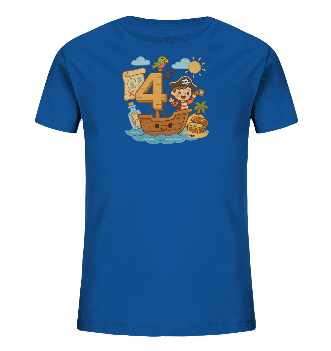 Onlineshop Shirts fuer Kinder - Das blaue T-Shirt zeigt ein lustiges Piratenmotiv mit der grossen Zahl 4. Eine laechelnde Bootsfahrt, ein kleiner Pirat mit Fernrohr und ein bunter Papagei sind darauf zu sehen. Eine Schatzkarte in der Flasche und eine Insel mit Schatzkiste ergaenzen das Abenteuerdesign. Das froehliche Motiv ist ideal fuer kleine Seeraeuber.