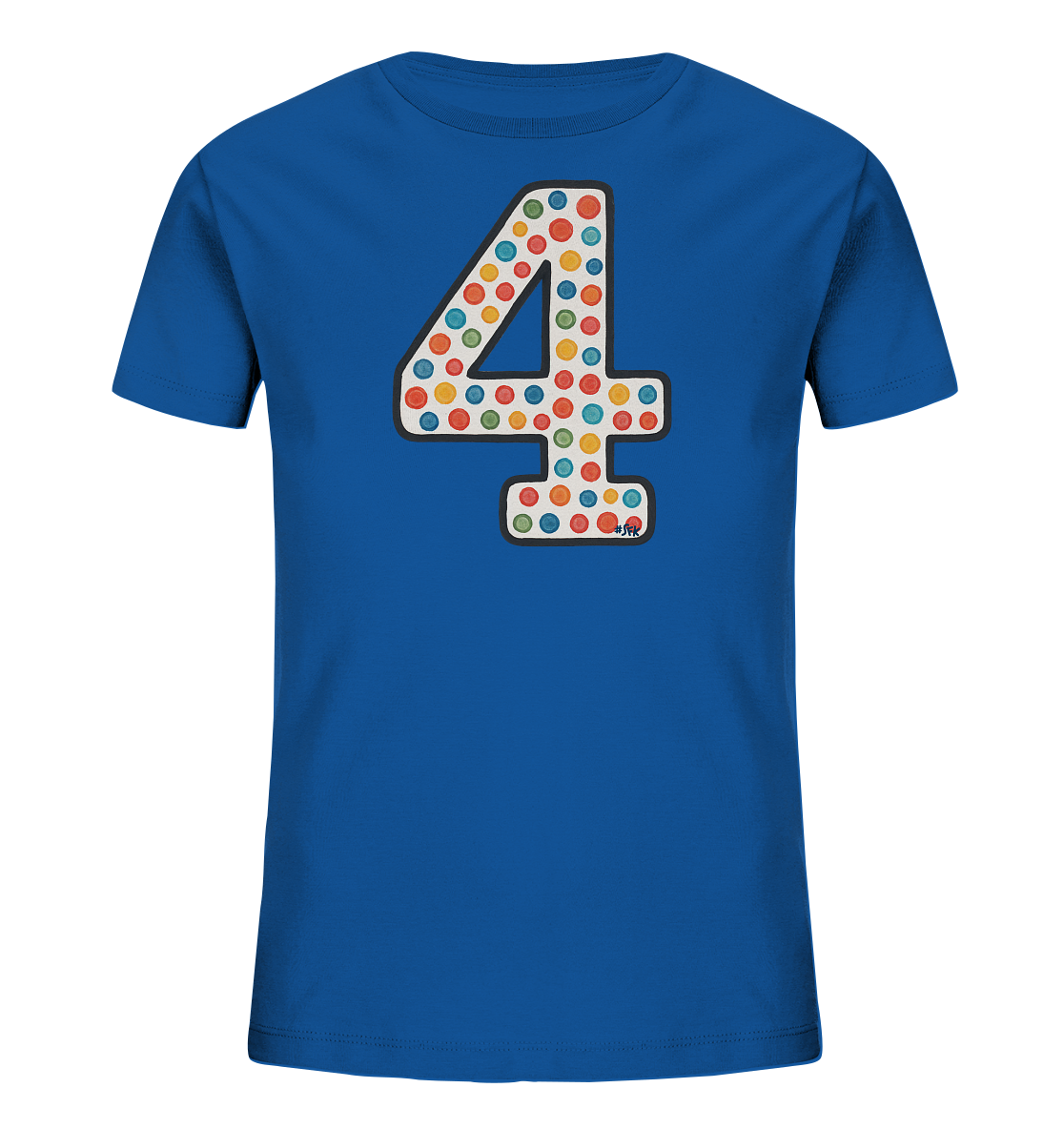 Onlineshop Shirts fuer Kinder - Das Bild zeigt ein blaues Kinder-T-Shirt mit einem grossen Aufdruck der Zahl 4 auf der Vorderseite. Die Zahl ist mit einem Muster aus vielen bunten Punkten in verschiedenen Farben gefuellt. Das Design ist verspielt und farbenfroh. Das Shirt hat einen klassischen Rundhalsausschnitt und kurze Ärmel.