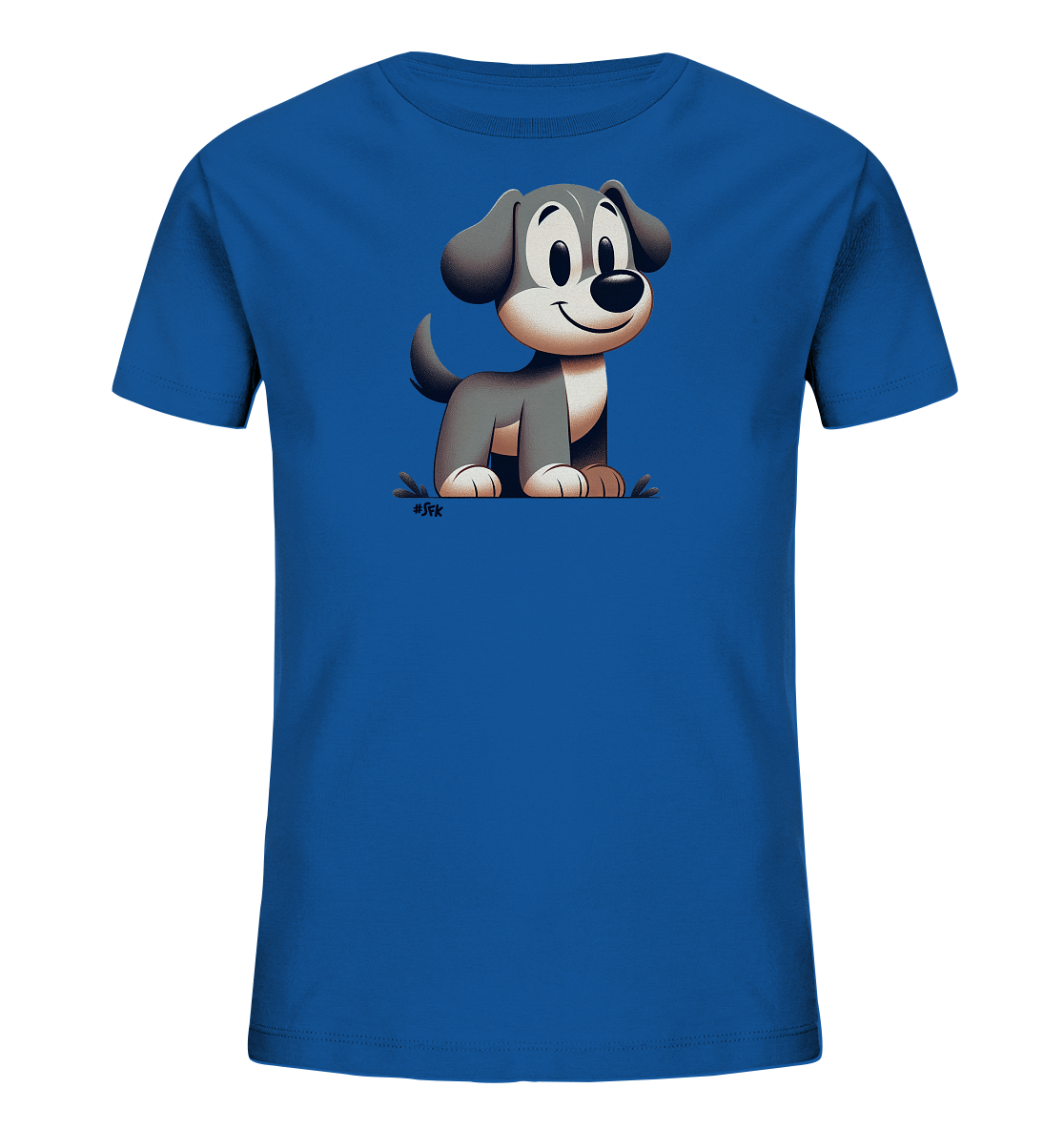 Onlineshop Shirts fuer Kinder - Das Bild zeigt ein blaues T-Shirt mit einer niedlichen, cartoonhaften Darstellung eines jungen Hundes. Der Hund hat graues Fell mit weissen Pfoten und Brust und sitzt laechelnd. Seine Augen sind gross und freundlich, und seine Ohren haengen leicht herunter. Das Design ist einfach und ansprechend fuer Kinder.