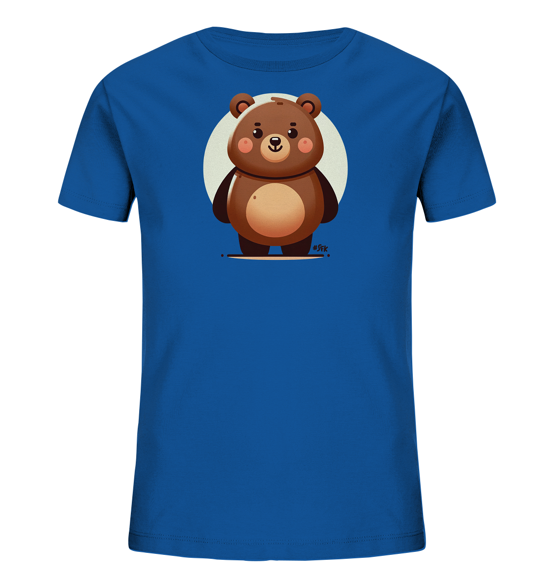 Onlineshop Shirts fuer Kinder - Das Bild zeigt ein blaues Kinder-T-Shirt mit einer niedlichen Comic-Illustration auf der Vorderseite. Zu sehen ist ein brauner Baer, der vor einem hellen Kreis steht und laechelt. Der Baer hat rote Wangen und eine freundliche Ausstrahlung. Das Design ist verspielt und fuer Kinder ansprechend gestaltet.
