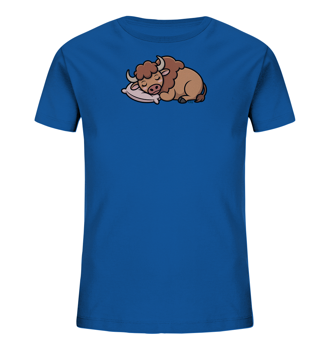 Onlineshop Shirts fuer Kinder - Das Bild zeigt ein koenigsblaues Kinder-T-Shirt. Auf der Vorderseite ist ein niedliches, schlafendes Tier abgebildet, das einem Bison oder Yak aehnelt. Es liegt friedlich auf einem hellrosa Kissen, mit geschlossenen Augen und kleinen Hoernern. Das Motiv ist in warmen Brauntoenen gehalten und wirkt sanft und beruhigend.