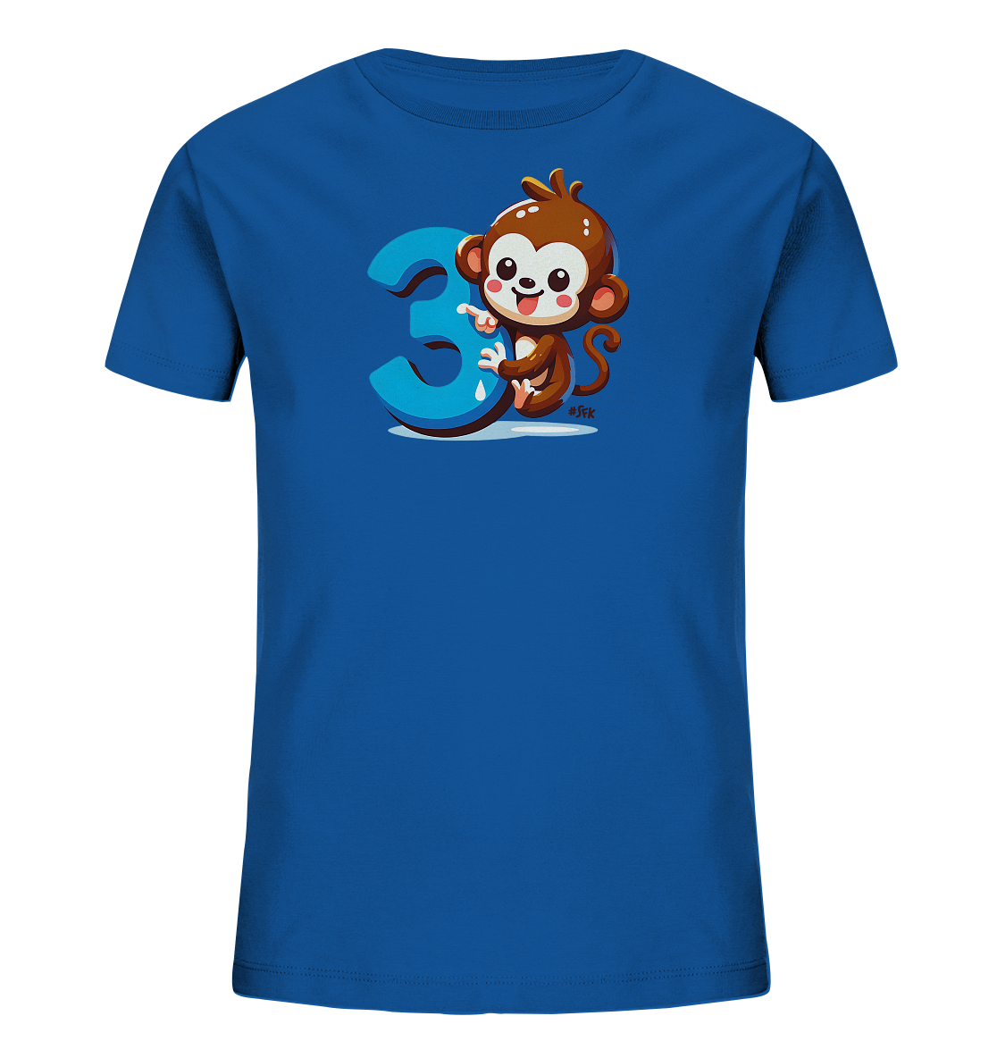 Onlineshop Shirts fuer Kinder - Das Bild zeigt ein blaues T-Shirt fuer Kinder. Auf der Vorderseite ist eine Illustration eines niedlichen, laechelnden Cartoon-Affen zu sehen. Der Affe sitzt neben einer grossen, hellblauen Zahl Drei. Das Design wirkt verspielt und froehlich.