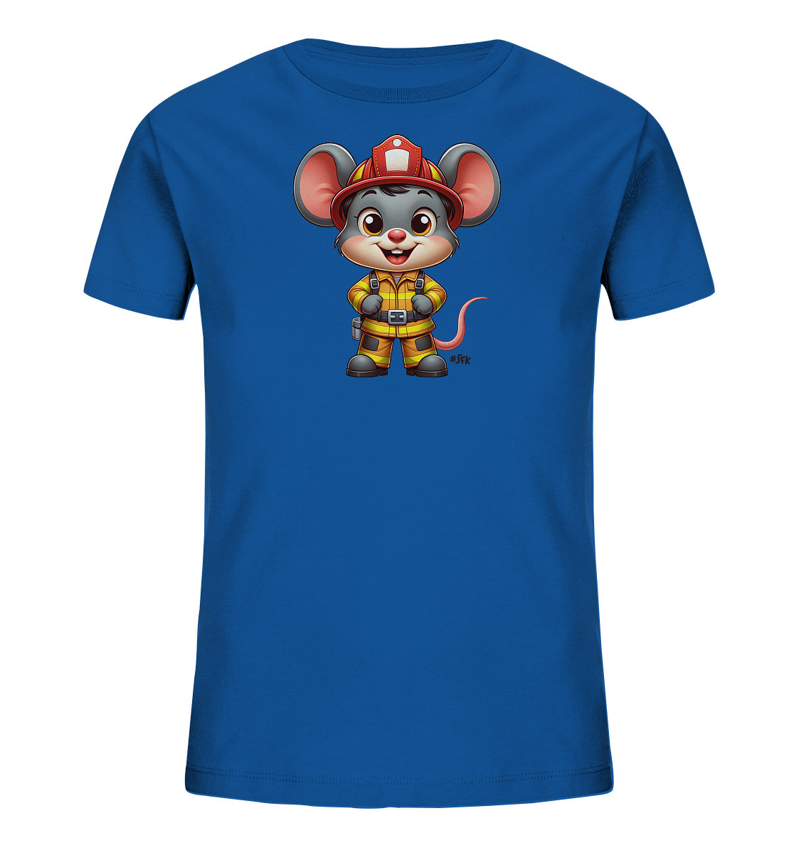 Onlineshop Shirts fuer Kinder - Das Bild zeigt ein blaues T-Shirt fuer Kinder. Auf der Vorderseite ist eine freundliche Cartoon-Maus abgebildet. Die Maus traegt einen roten Feuerwehrhelm und eine gelb-orangene Feuerwehruniform. Dieses Motiv verleiht dem Shirt einen verspielten und heldenhaften Look.
