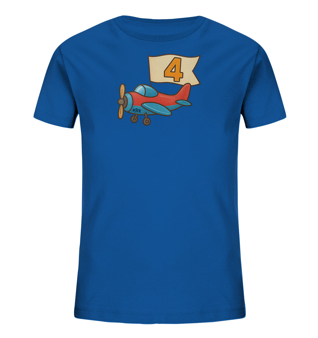 Onlineshop Shirts fuer Kinder - Das Bild zeigt ein blaues Kinder-T-Shirt mit einer niedlichen Flugzeug-Grafik auf der Vorderseite. Ein rotes Cartoon-Flugzeug zieht ein helles Banner mit der Zahl 4 darauf. Das Design ist verspielt und farbenfroh gestaltet.
