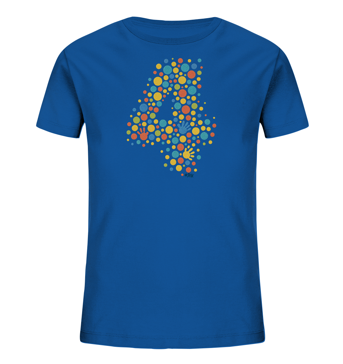 Onlineshop Shirts fuer Kinder - Das Bild zeigt ein blaues Kinder T-Shirt mit einem grossen, farbenfrohen Motiv der Zahl '4'. Dieses ist aus vielen kleinen, bunten Punkten in verschiedenen Farben wie Gelb, Orange und Blau geformt. Innerhalb der Zahl sind zusaetzlich kleine Handabdruecke in verschiedenen Farben platziert. Das Design wirkt froehlich und lebendig, perfekt fuer Kinder.