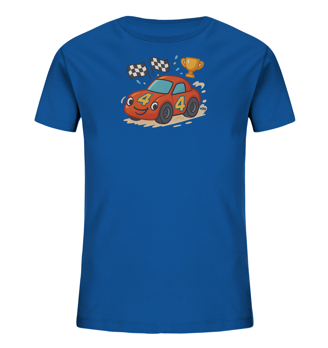 Onlineshop Shirts fuer Kinder - Das Bild zeigt ein blaues Kinder-T-Shirt mit einem froehlichen Cartoon-Rennwagen auf der Vorderseite. Der rote Rennwagen hat ein laechelndes Gesicht und traegt die Nummer '4'. Um das Auto herum sind Zielflaggen, ein goldener Pokal und spritzende Effekte zu sehen, die ein Rennen symbolisieren. Das Design ist dynamisch und farbenfroh gestaltet.