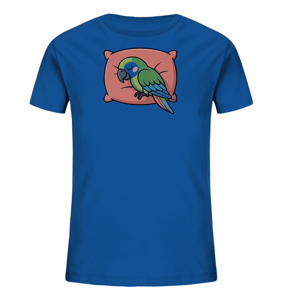 Onlineshop Shirts fuer Kinder - Das Bild zeigt ein koenigsblaues T-Shirt fuer Kinder mit einem niedlichen Motiv auf der Vorderseite. Ein cartoonartiger gruener Papagei ruht schlafend auf einem rosa Kissen. Seine Augen sind geschlossen und seine Fluegel sind in verschiedenen Blautoenen gehalten. Das Design wirkt beruhigend und verspielt.
