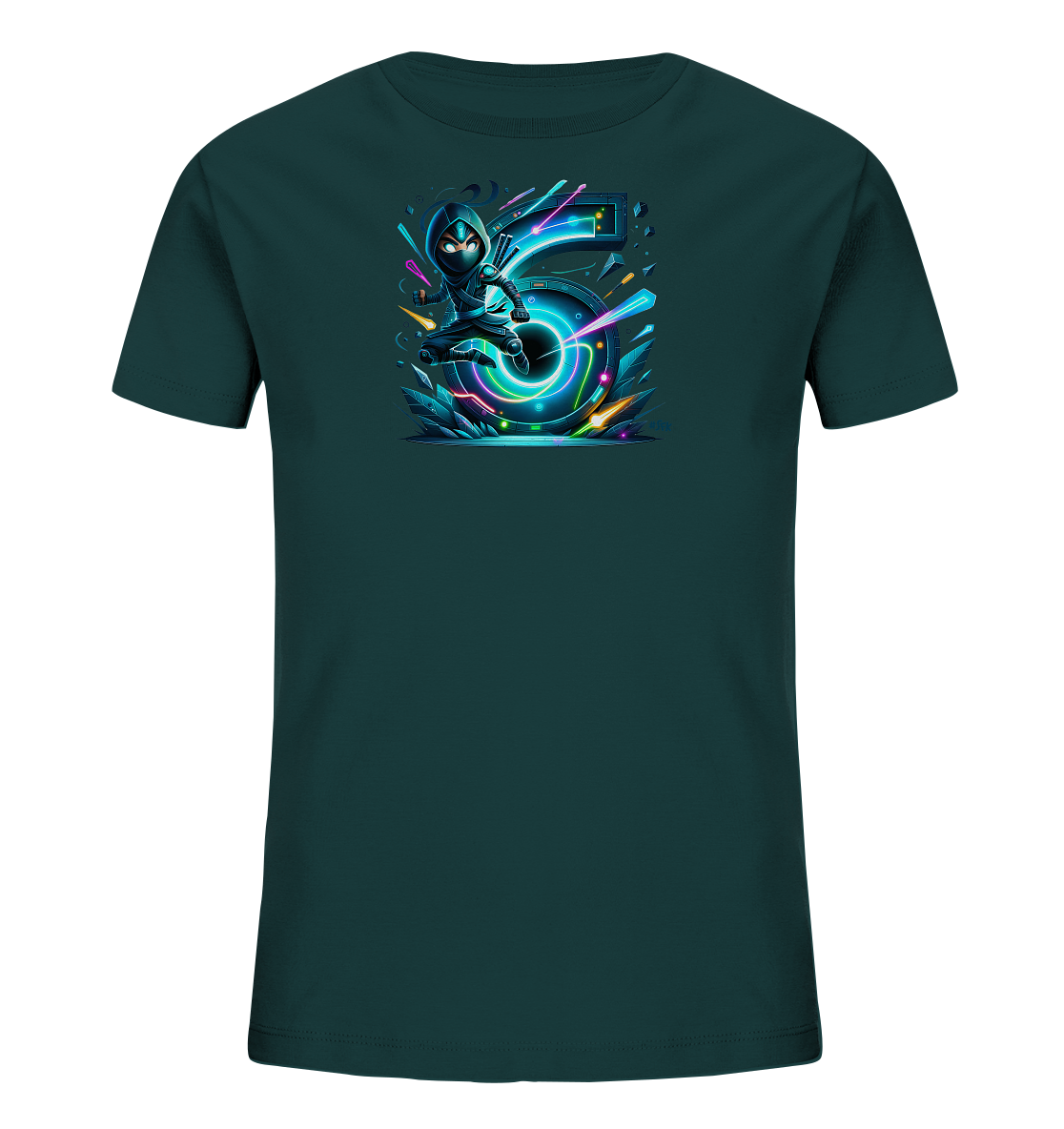Onlineshop Shirts fuer Kinder - Das Bild zeigt ein dunkelpetrolfarbenes T-Shirt mit einem auffaelligen Aufdruck. Zentral ist eine dynamische Illustration eines Ninjas im Sprung ueber die leuchtende Zahl '5'. Das Motiv ist in einem lebendigen Cyberpunk-Stil gehalten, mit hellen Neonfarben und scharfen geometrischen Elementen, die von der Zahl und dem Ninja ausgehen. Der Druck verleiht dem Shirt einen modernen, actiongeladenen Look.