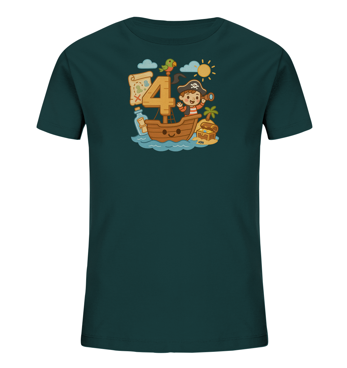Onlineshop Shirts fuer Kinder - Das dunkelgruene Kinder T-Shirt zeigt eine lustige Piratenillustration. Ein kleines Schiff segelt auf dem Meer, mit der Zahl 4 als Mast, auf der ein Papagei sitzt. Ein Kind in Piratenkleidung steht an Bord, daneben eine Schatzkarte und eine Flaschenpost. Eine Insel mit Palme und Schatztruhe, sowie Sonne und Wolken runden das froehliche Motiv ab.