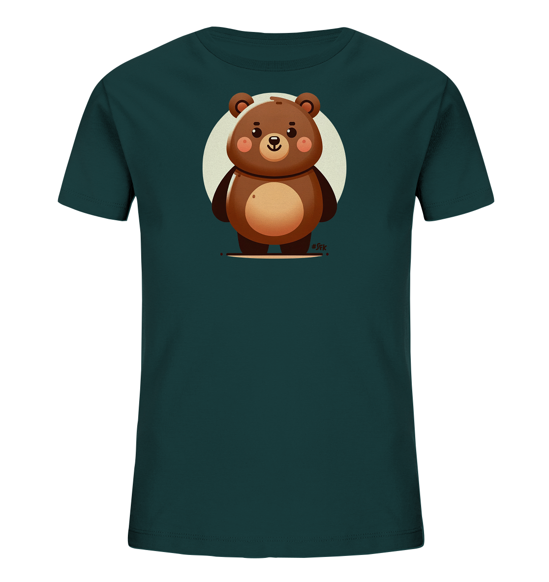 Onlineshop Shirts fuer Kinder - Das Bild zeigt ein dunkelgruenes Kinder-T-Shirt mit einem niedlichen Cartoon-Baeren-Motiv auf der Vorderseite. Der braune Baer steht aufrecht, hat ein freundliches Gesicht und wird von einem hellen Kreis hinterlegt. Das Design wirkt verspielt und ansprechend fuer Kinder.