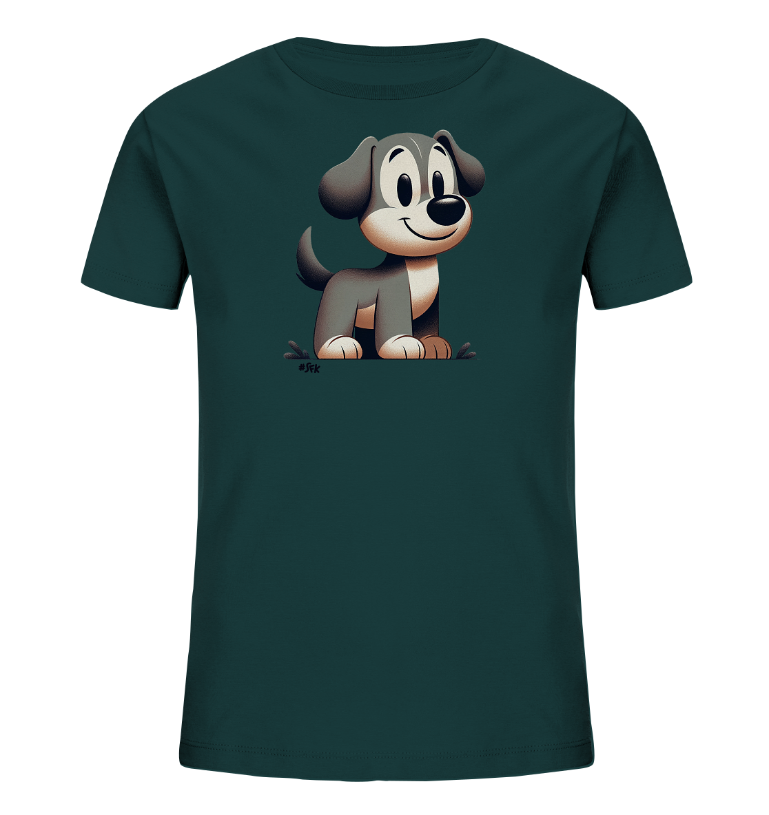 Onlineshop Shirts fuer Kinder - Das Bild zeigt ein dunkelgruenes Kinder-T-Shirt mit einem suessen Cartoon-Hund auf der Vorderseite. Der Hund ist grau und beige, sitzt aufrecht und laechelt freundlich. Die Illustration ist einfach und ansprechend fuer Kinder.