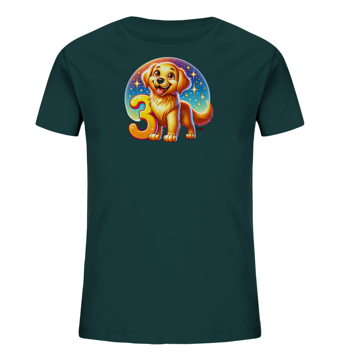 Onlineshop Shirts fuer Kinder - Das Bild zeigt ein dunkelgruenes T-Shirt fuer Kinder mit einer farbenfrohen Grafik. Die Grafik zeigt einen laechelnden Cartoon-Hund neben einer grossen, goldenen Zahl '3'. Ein Kreis mit funkelnden Sternen in Blautoenen bildet den Hintergrund des Designs. Dieses Motiv wirkt froehlich und ansprechend.
