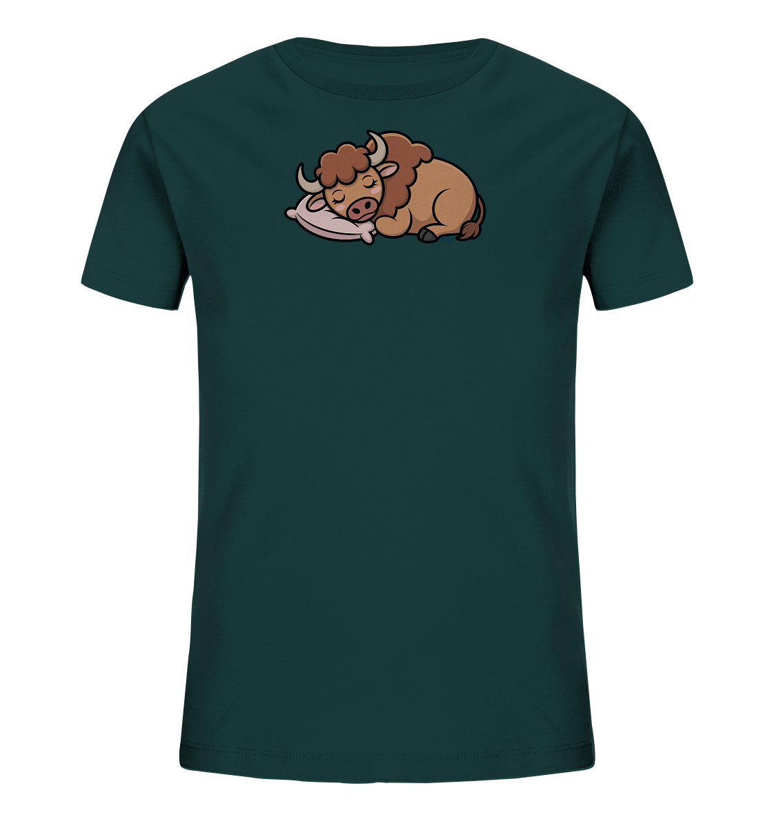 Onlineshop Shirts fuer Kinder - Das Bild zeigt ein dunkelgruenes Kinder-T-Shirt. Auf der Vorderseite ist eine suesse, cartoonartige Illustration eines schlafenden Bueffels zu sehen. Der Bueffel ist braun gefaerbt, hat kleine Hoerner und ruht auf einem hellrosa Kissen. Das friedliche Motiv verleiht dem Shirt einen gemuetlichen Charakter.