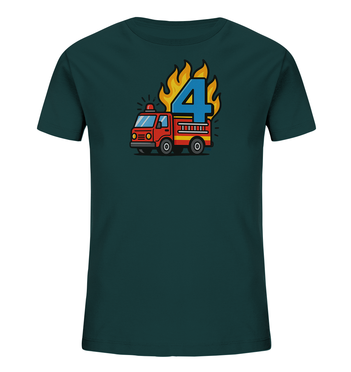 Onlineshop Shirts fuer Kinder - Das Bild zeigt ein dunkelgruenes Kinder-T-Shirt mit einem lebhaften Aufdruck. Zentral auf der Vorderseite ist ein rotes Feuerwehrauto abgebildet. Dahinter ragt eine grosse, blaue Zahl '4' empor, umgeben von stilisierten Flammen. Das Design wirkt dynamisch und farbenfroh.