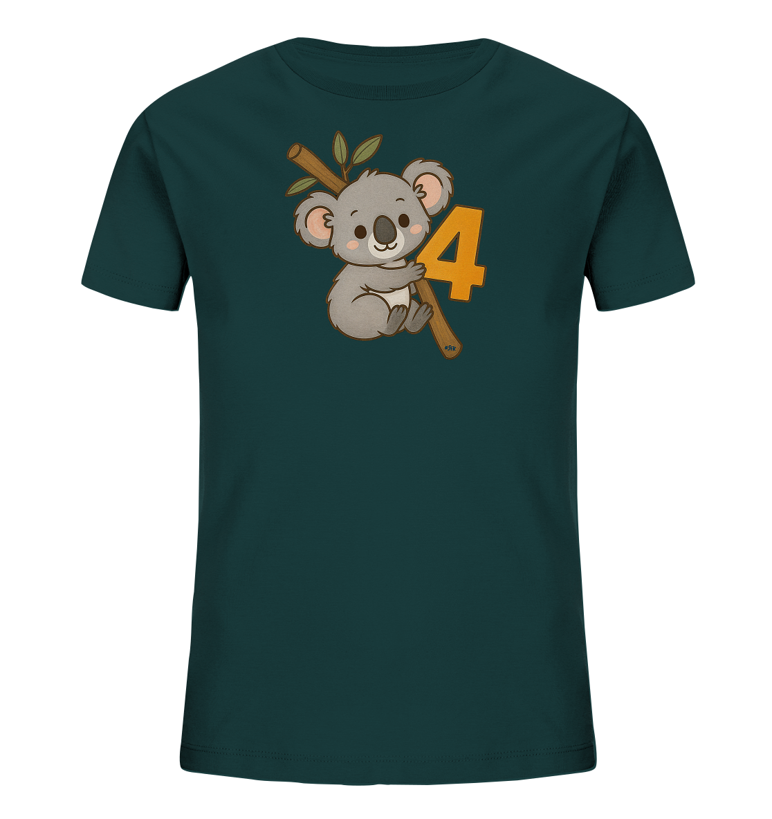 Onlineshop Shirts fuer Kinder - Das Bild zeigt ein dunkelgruenes Kinder-T-Shirt mit einem Motiv auf der Vorderseite. Abgebildet ist ein suesser Cartoon-Koala, der auf einem Ast sitzt. Direkt neben dem Koala ist die Zahl '4' in einem leuchtenden Orangeton zu sehen. Das Design ist kindgerecht und neutral gehalten.