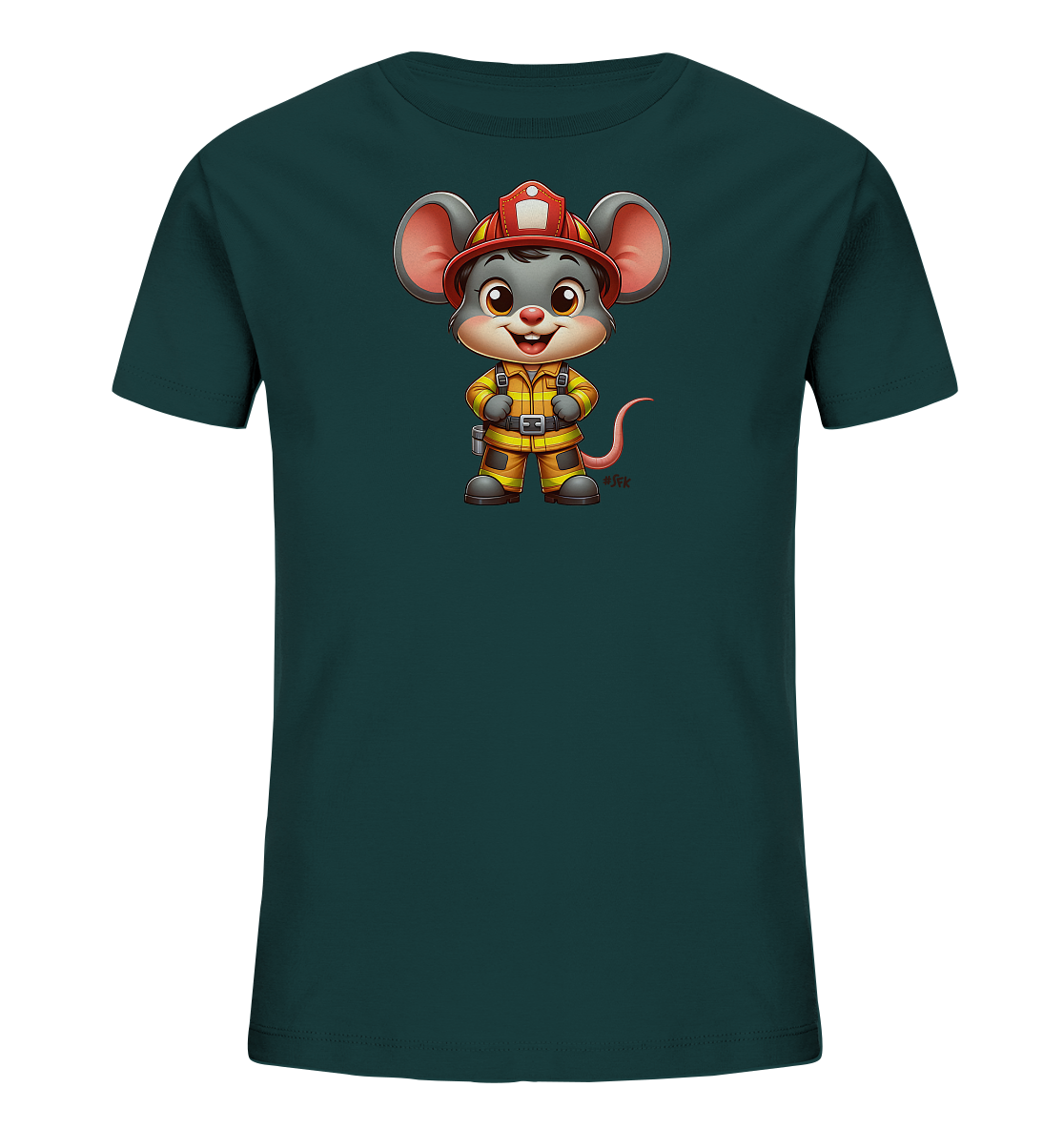 Onlineshop Shirts fuer Kinder - Das Bild zeigt ein dunkelgruenes Kinder T-Shirt mit einem grossen Aufdruck auf der Vorderseite. Der Aufdruck zeigt eine niedliche Cartoon-Maus, die als Feuerwehrmann gekleidet ist. Die Maus traegt einen roten Helm und einen gelben Einsatzanzug. Das Design wirkt freundlich und kindgerecht.